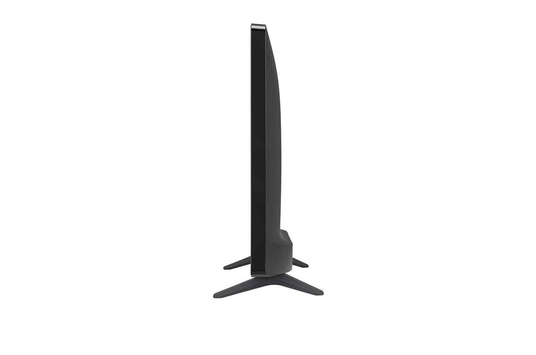 Una vista laterale di una TV LG nera su sfondo bianco. La TV è sottile e ha due gambe.