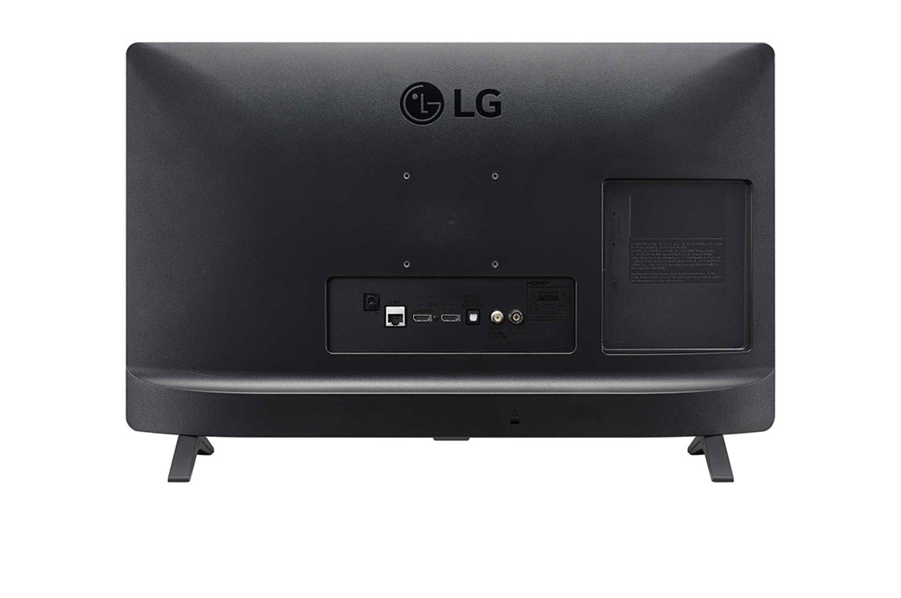 Vista posteriore di una TV LG nera con porte e logo LG.