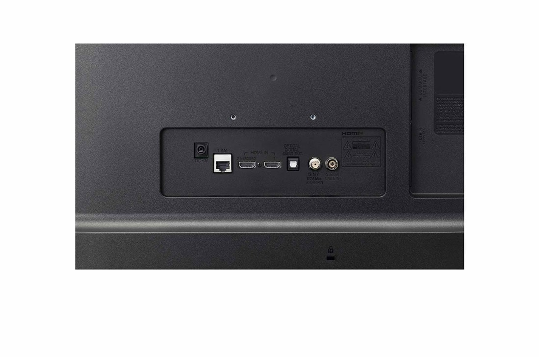 Retro di una TV nera con porte: ingresso CC, Ethernet, HDMI, audio ottico e antenna.