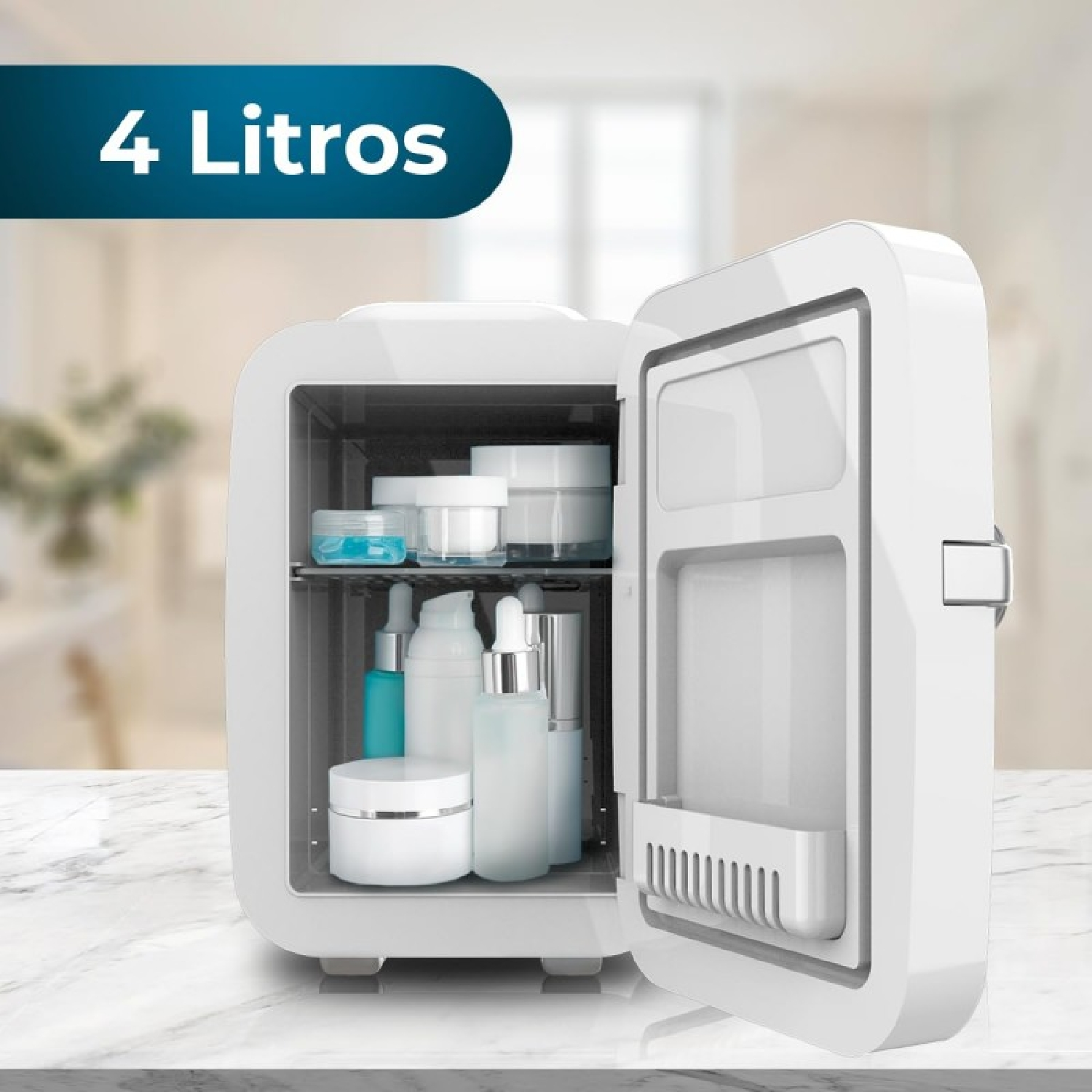 Mini-nevera blanca con la puerta abierta, llena de productos para el cuidado de la piel. Texto: 4 Litros.