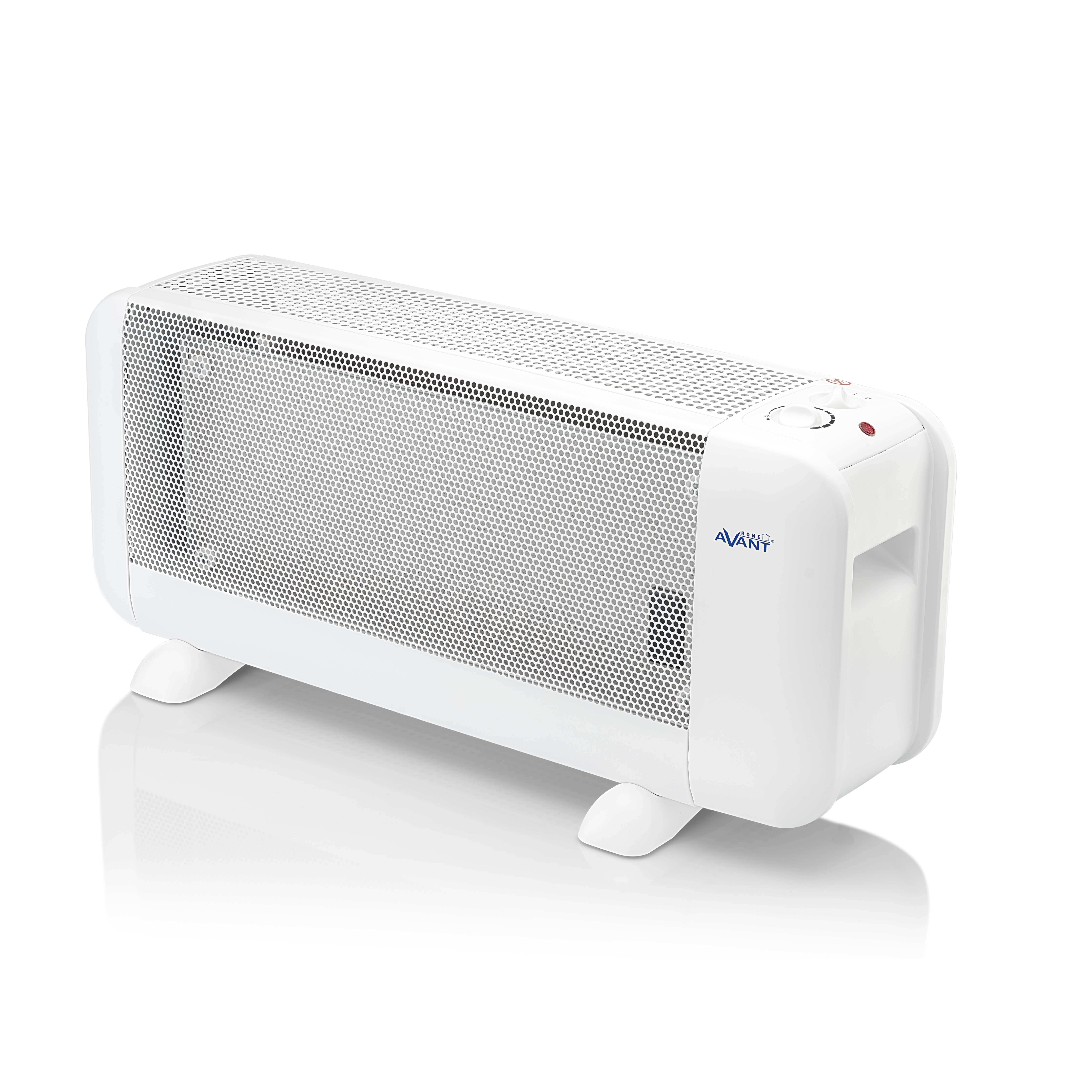 Termoventilatore elettrico bianco con comandi e griglia. Sfondo bianco.