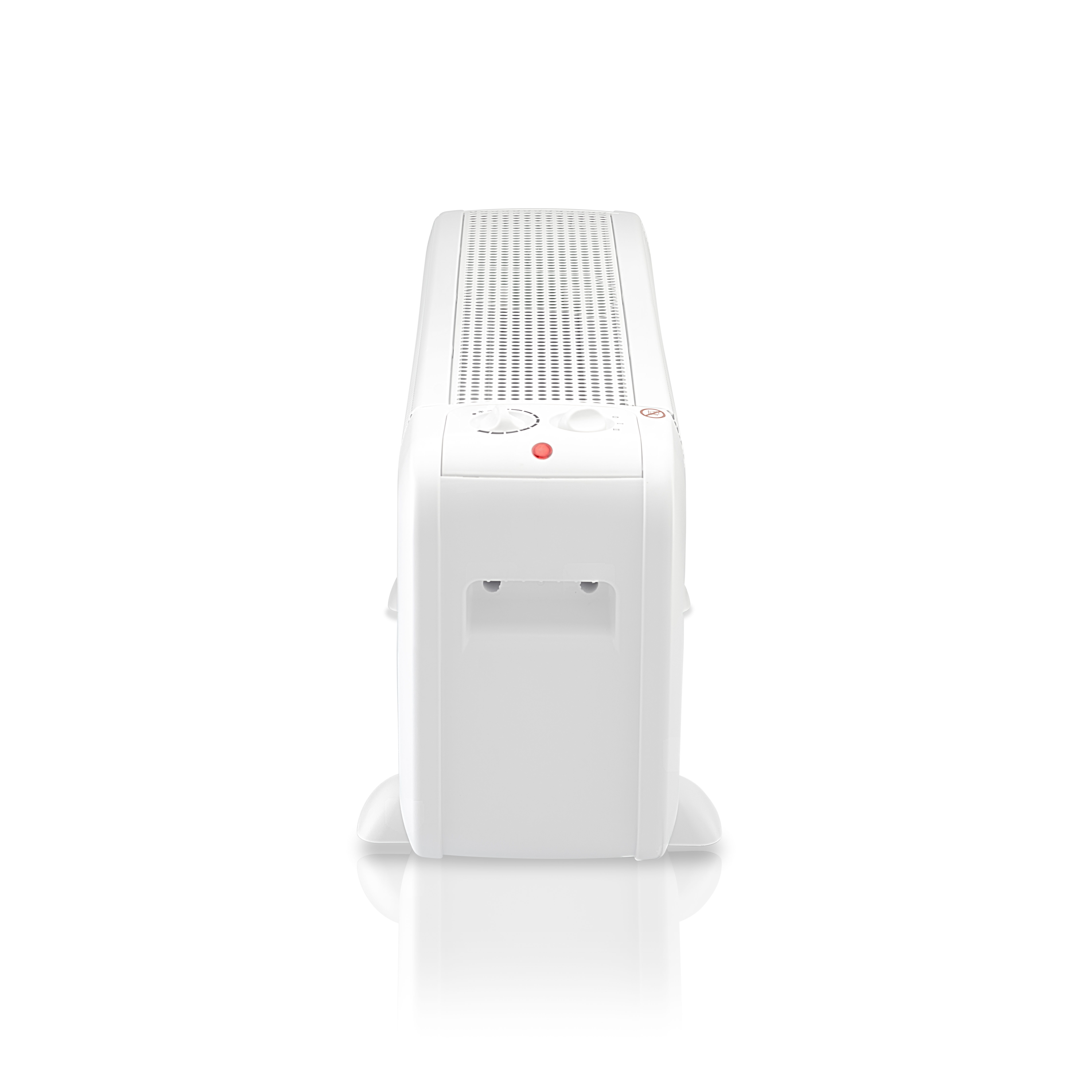 Un termoventilatore elettrico bianco. Ha un pannello di controllo, una luce rossa e una superficie riflettente sotto.