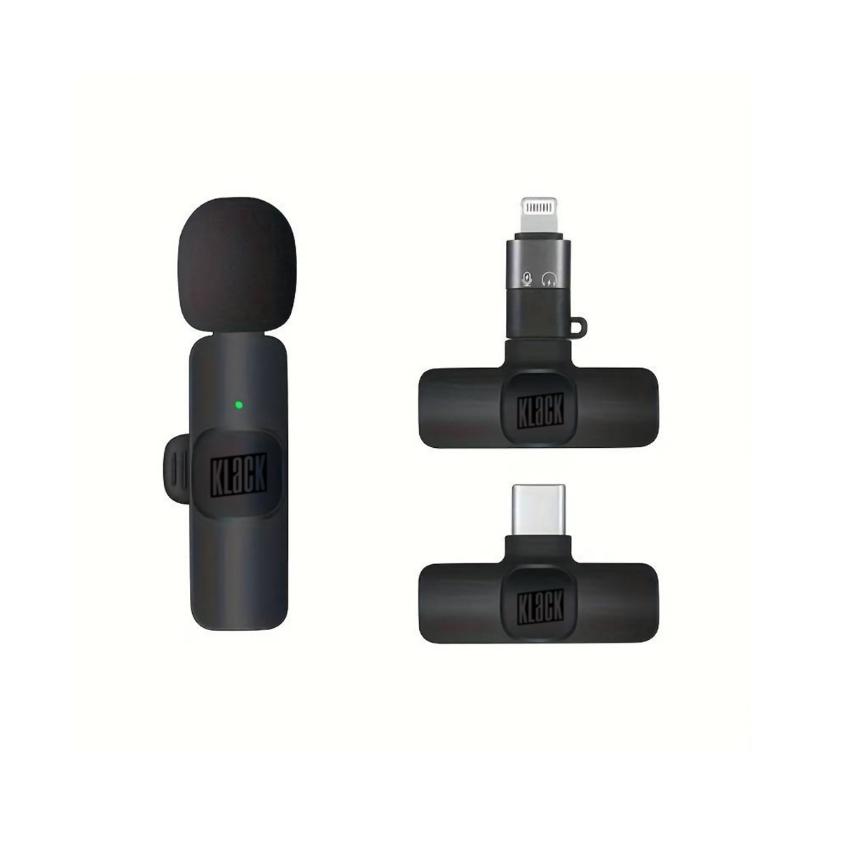 Micrófono inalámbrico Klack negro y dos adaptadores receptores para diferentes dispositivos.