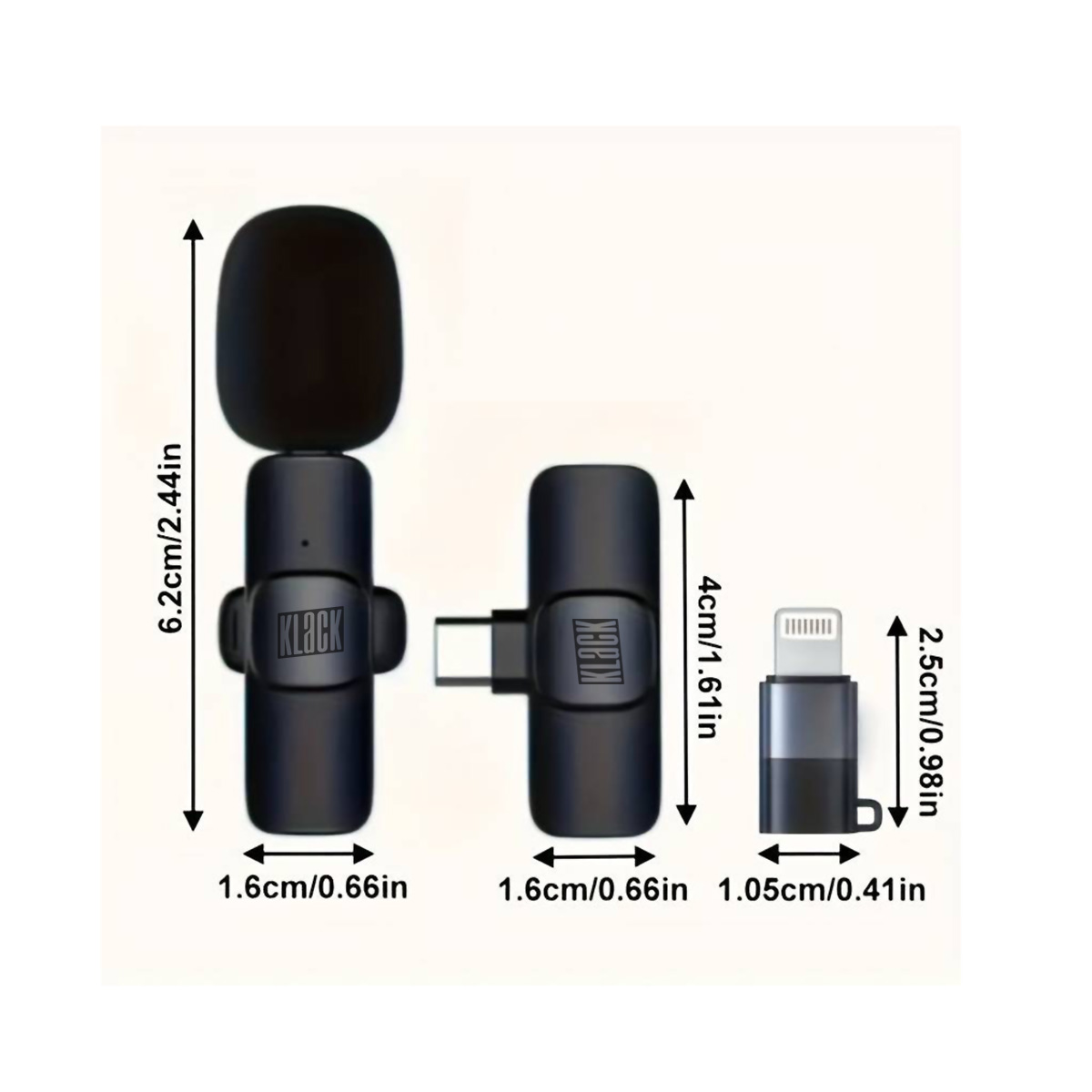 Micrófono negro, adaptador USB-C y adaptador Lightning, dimensiones mostradas. Colores negro y gris.