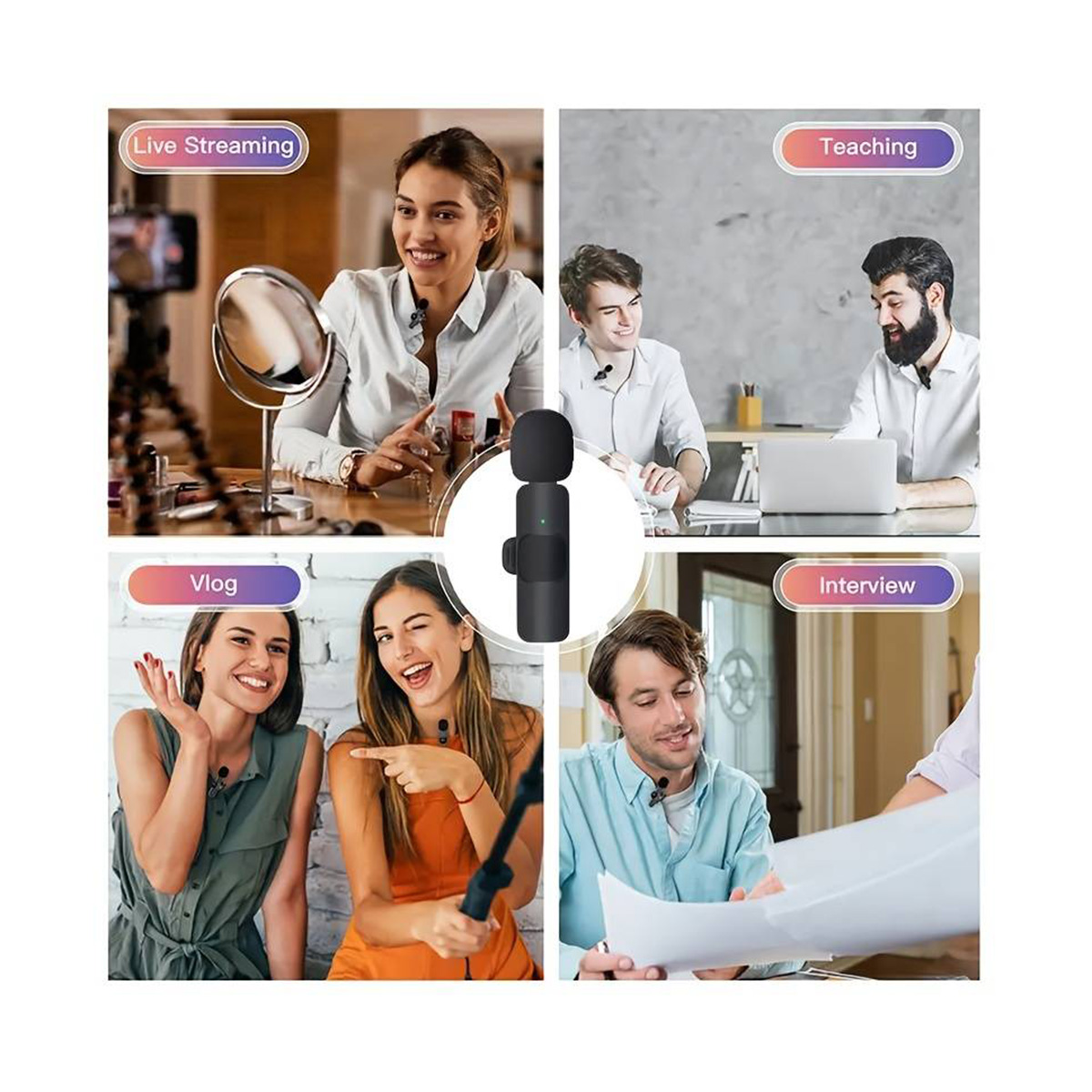 Micrófono que se utiliza en cuatro escenarios: transmisión en vivo, enseñanza, vlog y entrevista.