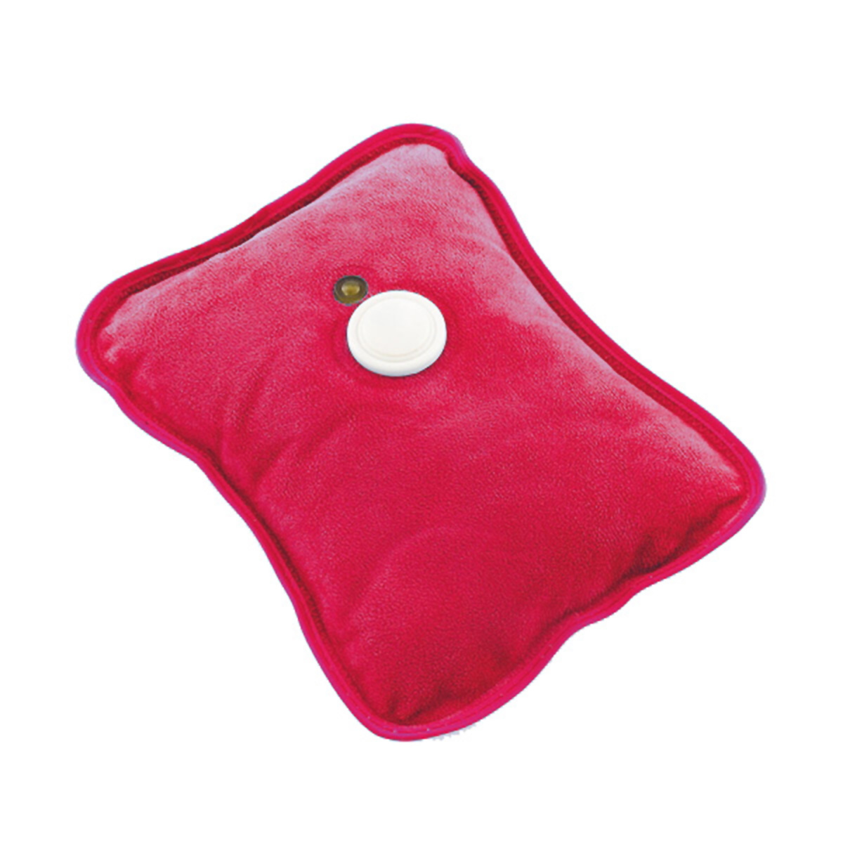 Una bolsa de agua caliente roja sobre un fondo blanco. Tiene una tapa blanca.