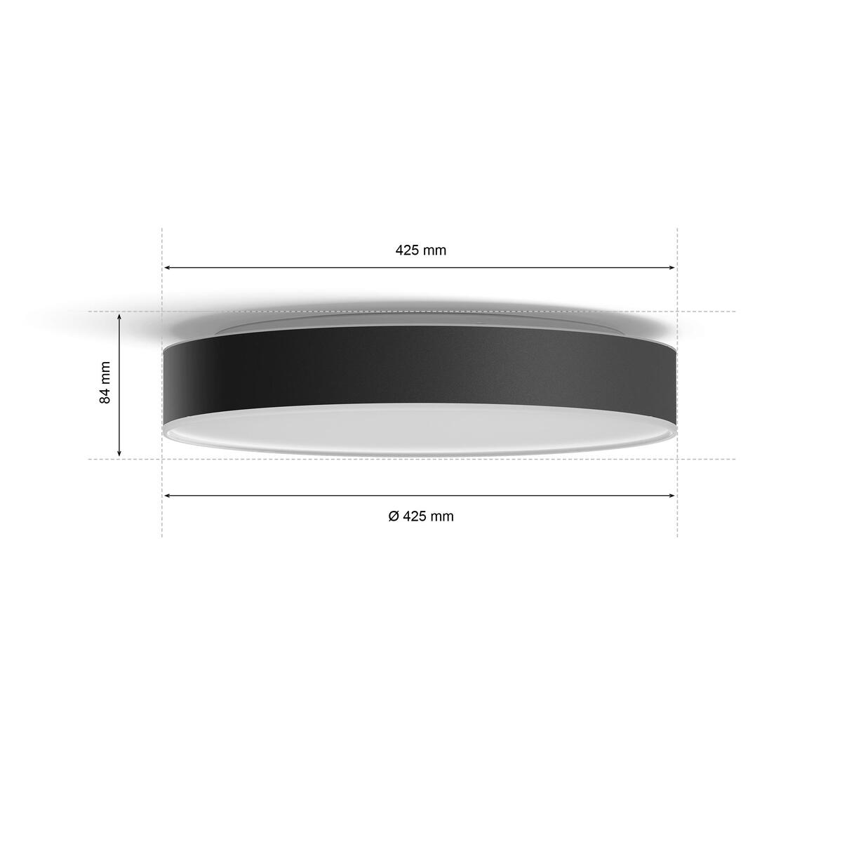 Czarna okrągła lampa sufitowa z wymiarami: średnica 425 mm i wysokość 94 mm.