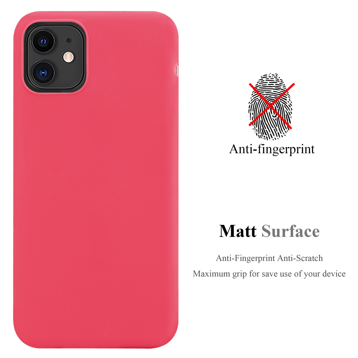 Custodia rossa per telefono con area fotocamera nera. Testo: Anti-impronte, superficie opaca e presa.
