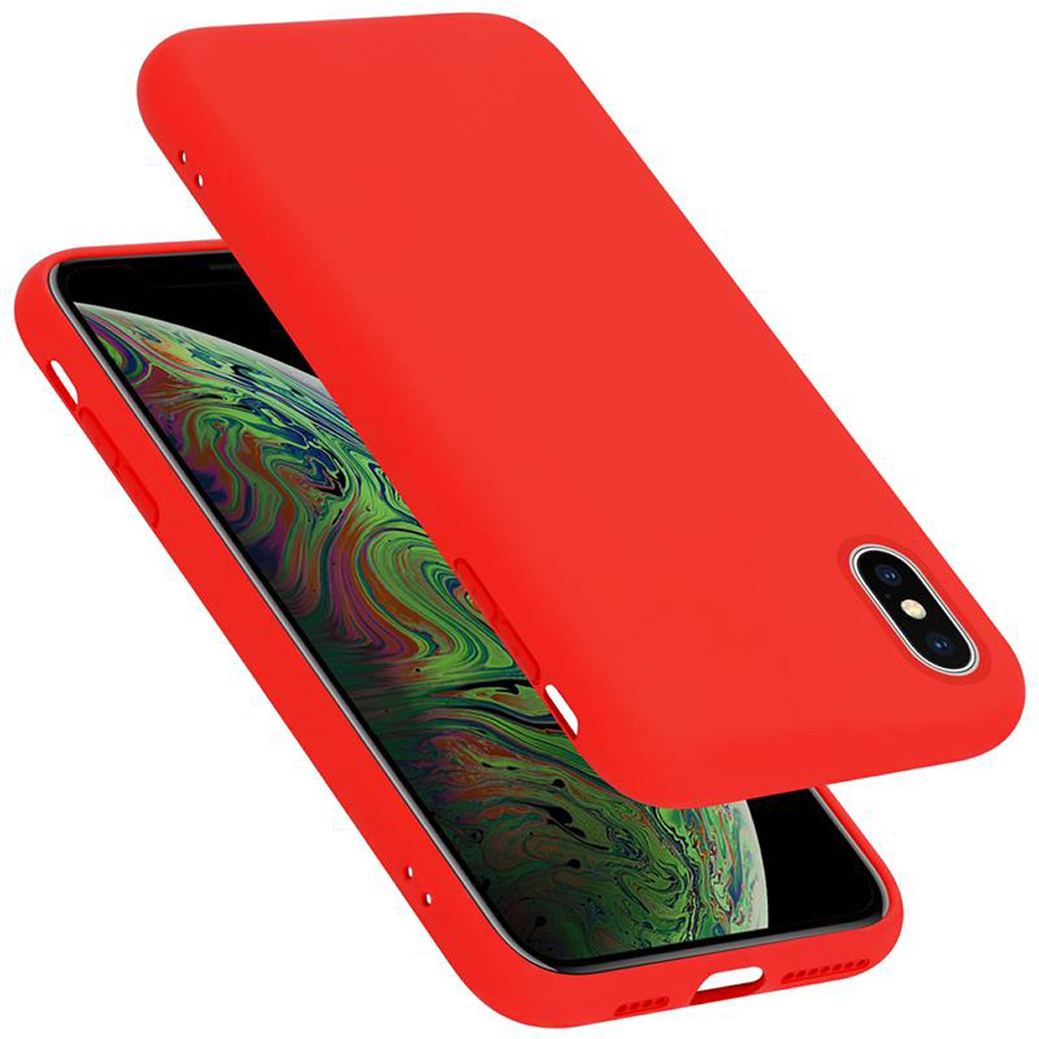 Rote Handyhülle mit Telefon darin. Die Hülle liegt leicht über dem Telefon. Doppelkameras sind sichtbar.