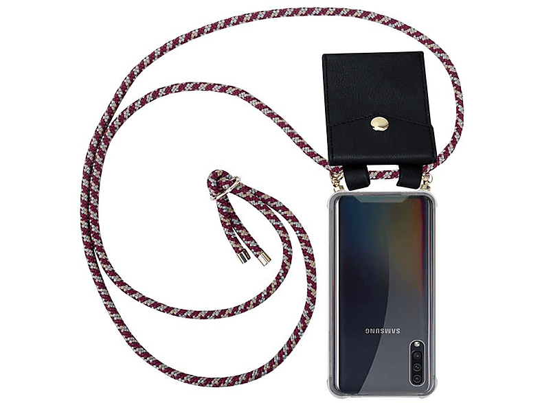 CADORABO Handy Kette mit Gold Ringen, Kordel Band und abnehmbarer Hülle, Backcover, Samsung, Galaxy A50 4G / A50s / A30s, ROT GELB WEIß