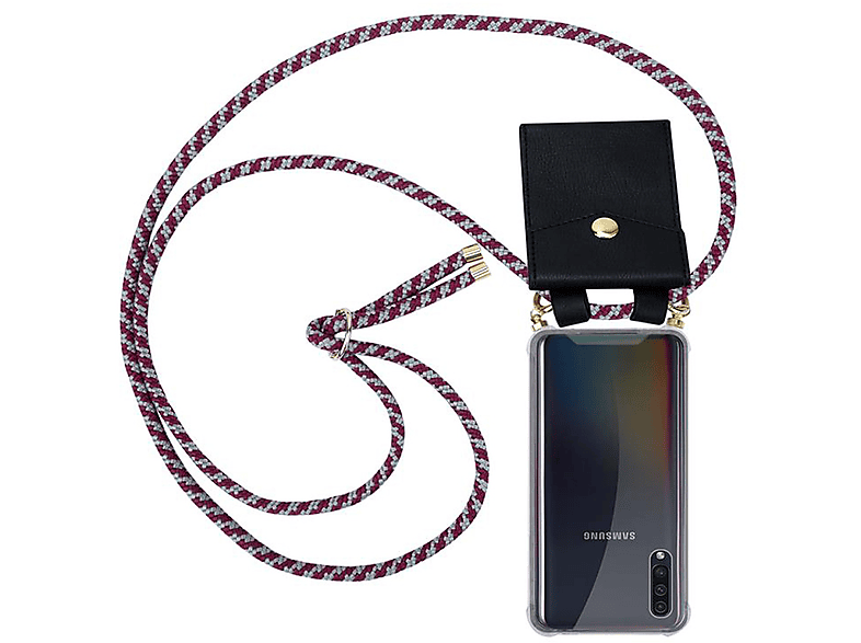 CADORABO Handy Kette mit Gold Ringen, Kordel Band und abnehmbarer Hülle, Backcover, Samsung, Galaxy A50 4G / A50s / A30s, ROT WEIß