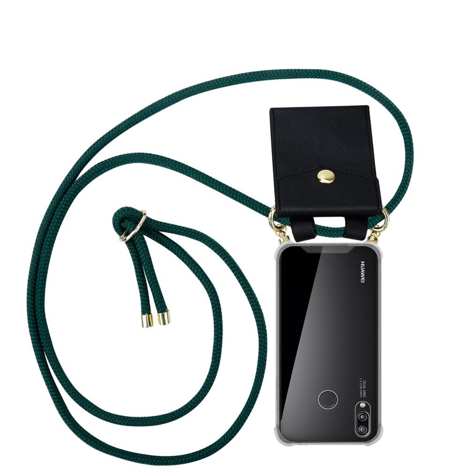 CADORABO Handy Kette mit Gold Kordel P20 LITE Huawei, Backcover, abnehmbarer und 2018 / NOVA 3E, Ringen, GRÜN Hülle, Band ARMEE