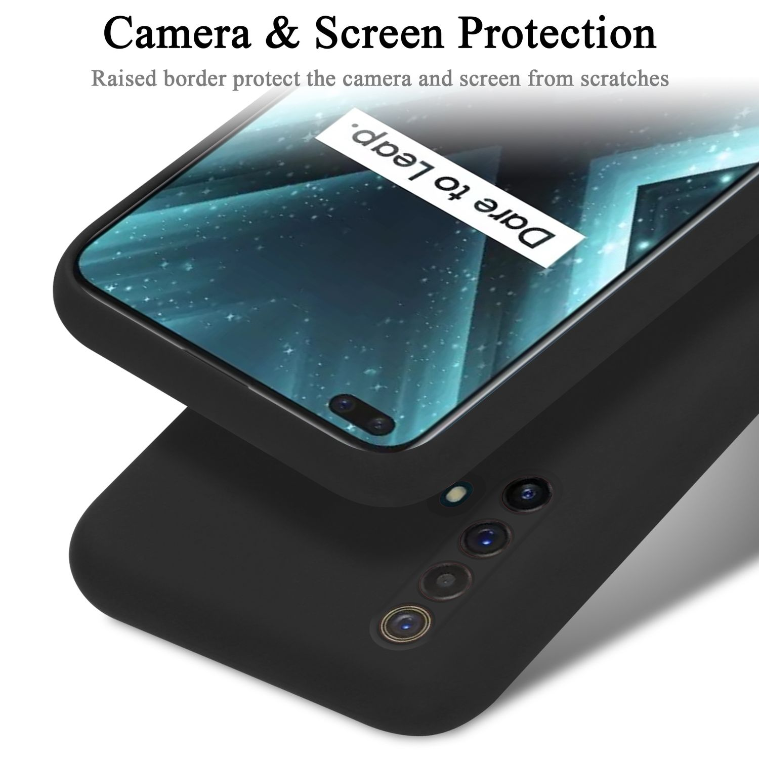 Schwarze Handyhülle schützt das Handy. Bildschirm zeigt Design mit Text 'Dare to leap'.