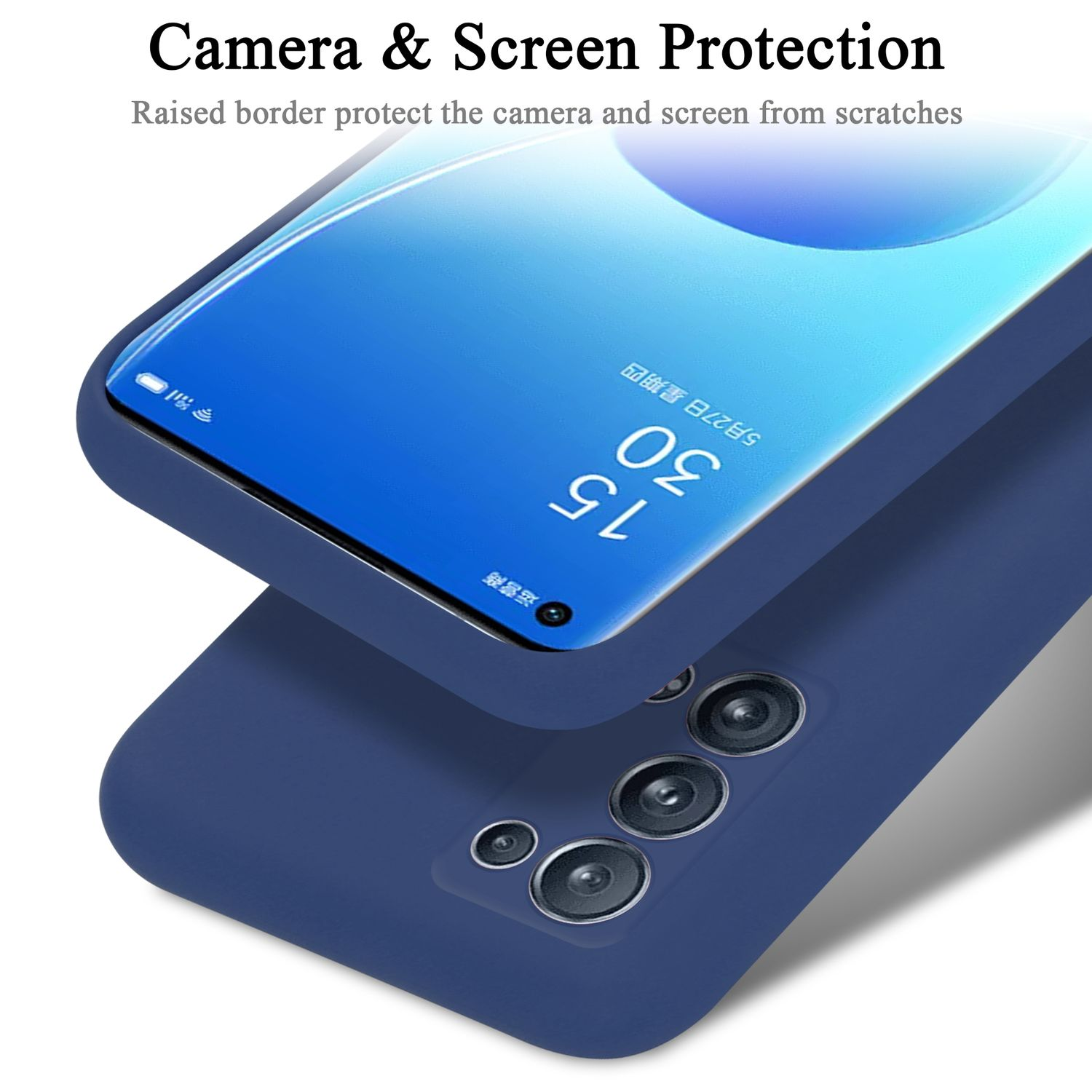 Eine blaue Handyhülle mit einem Telefon darin, die Kamera und den Bildschirm zeigend.