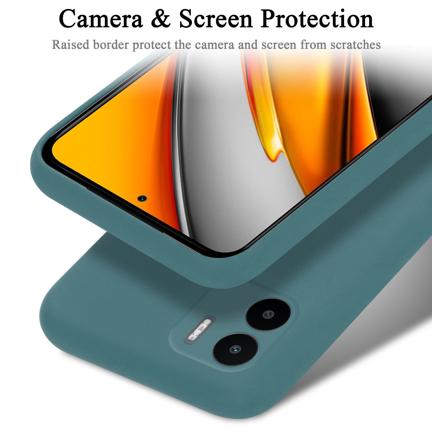 Custodia verde acqua con telefono. Testo: Protezione fotocamera e schermo. Bordo rialzato protegge.