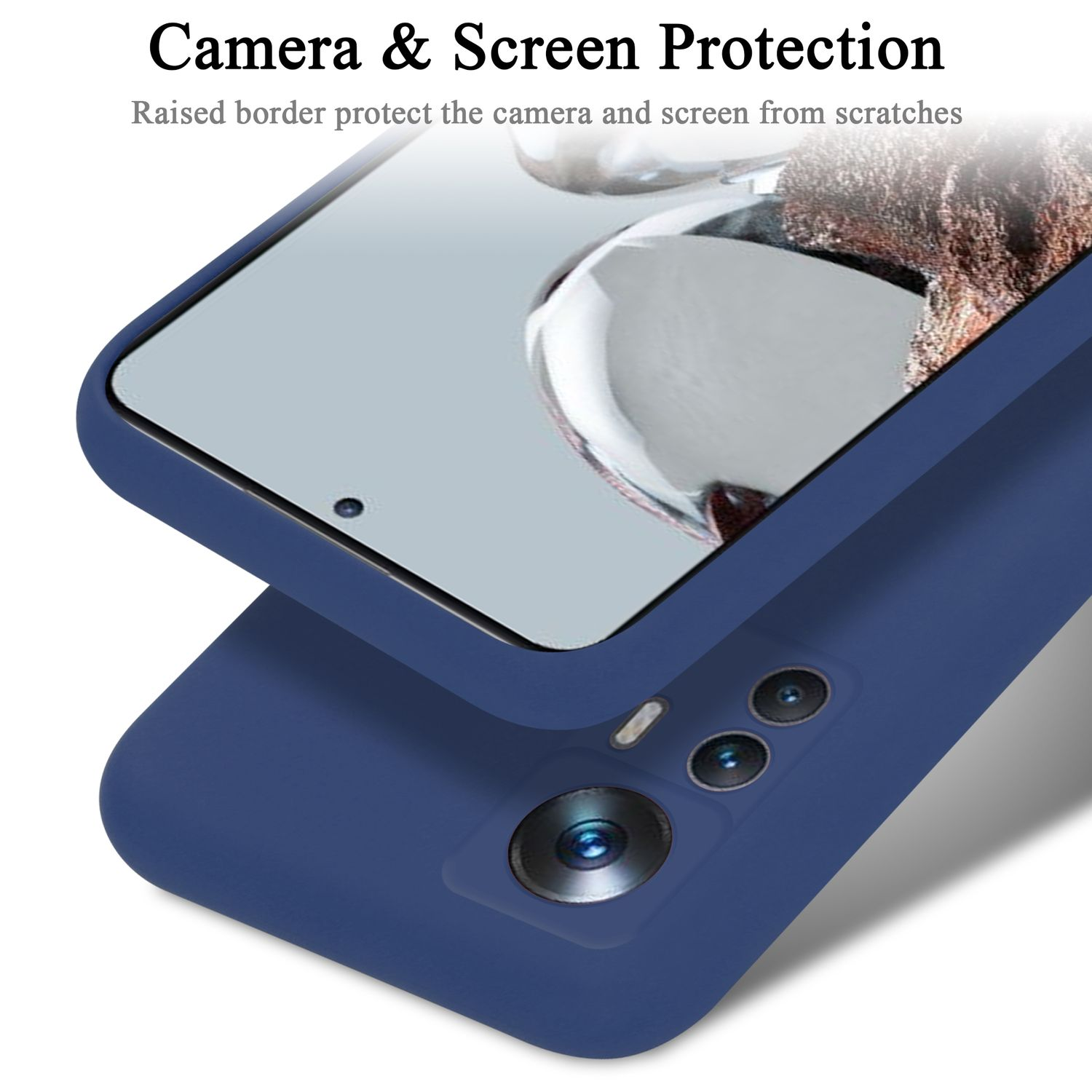 Blaue Handyhülle mit Telefon, Kamera- und Bildschirmdetails sichtbar.