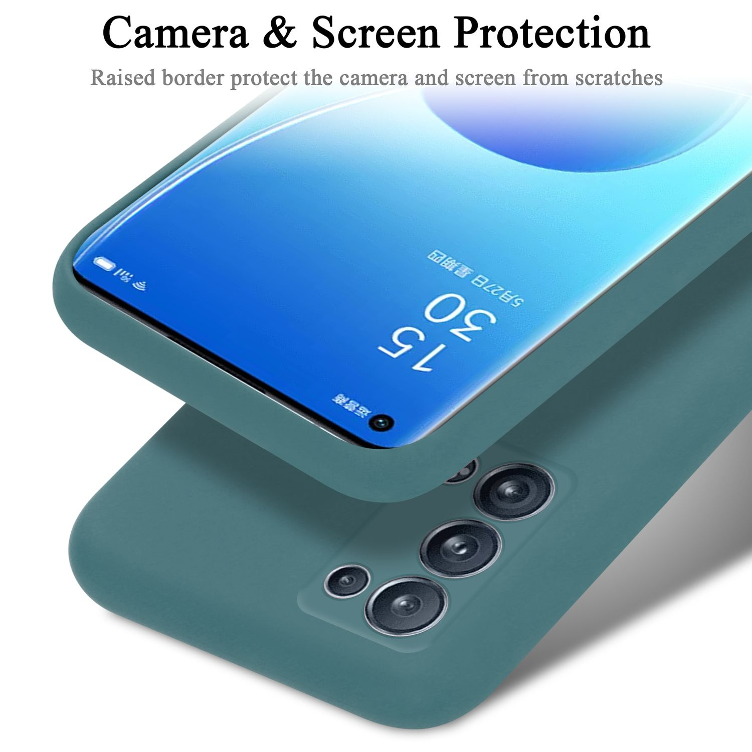 Telefon in teal Hülle mit blauem Bild. Text: Kamera- und Bildschirmschutz. Erhöhter Rand.