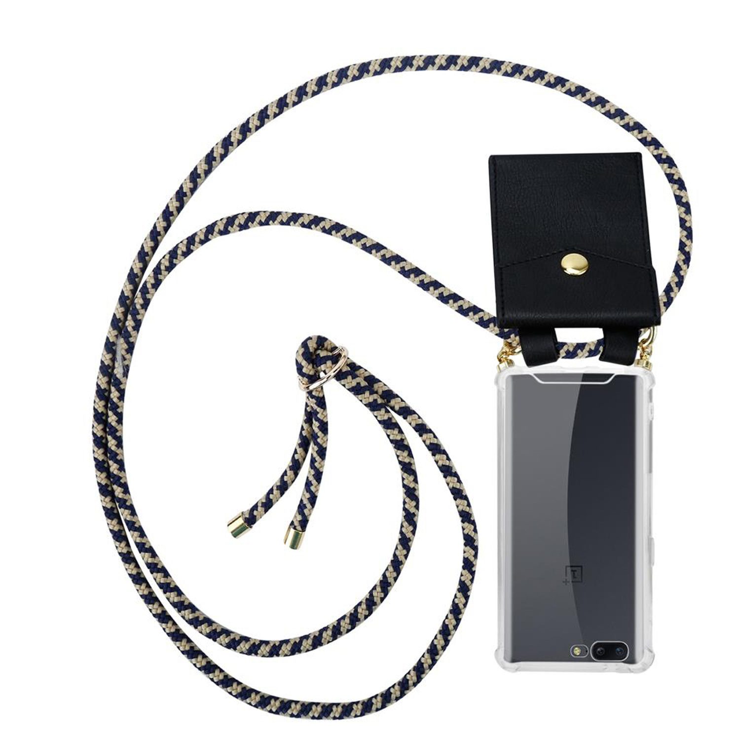 Smartphone mit Umhängeband und Hülle. Das Band ist blau und weiß. Das Telefon ist sichtbar.