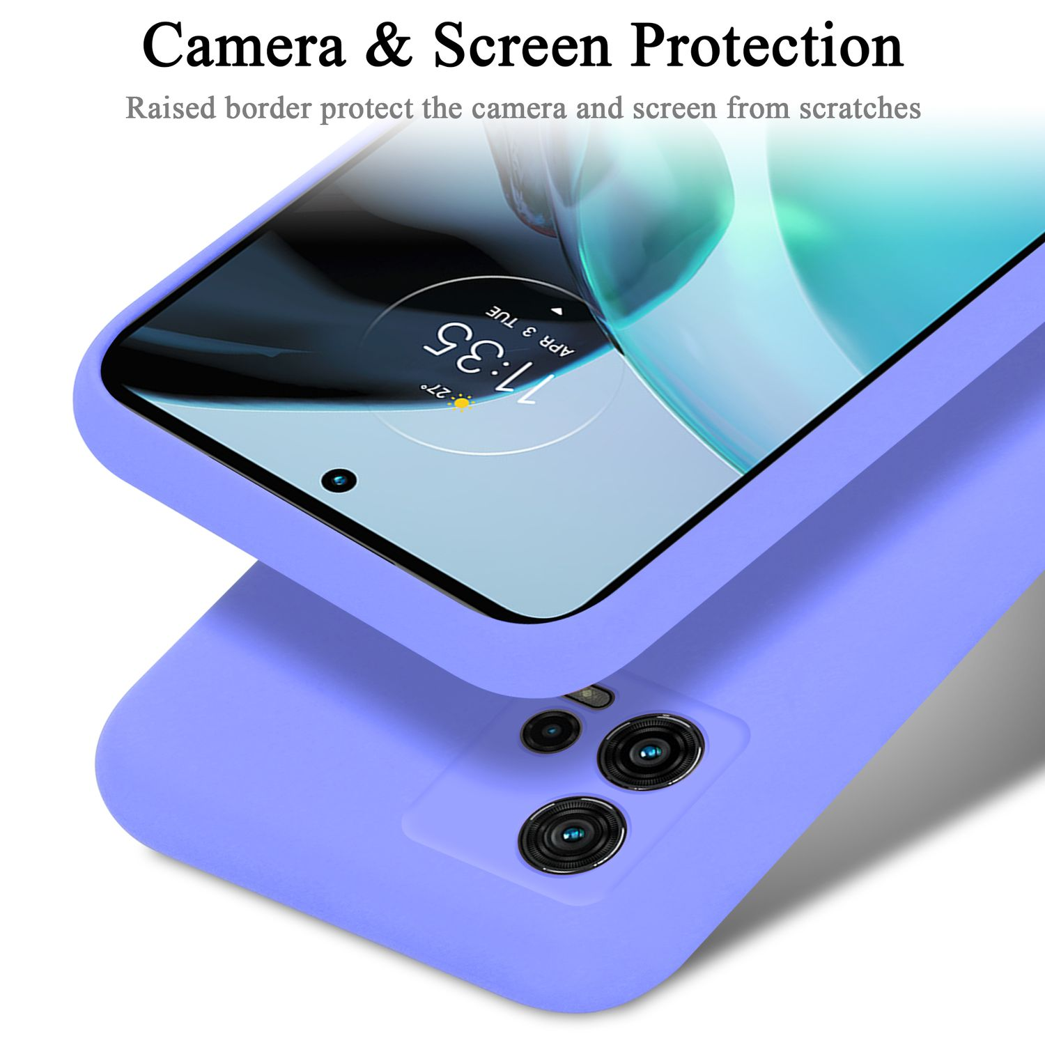 Custodia lilla per proteggere schermo e fotocamera. Testo: Protezione fotocamera e schermo.