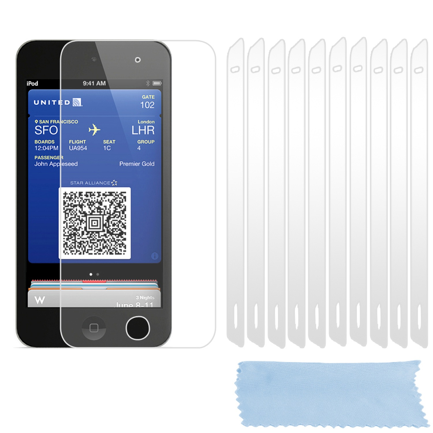 Un iPod con una protezione per lo schermo, un pacchetto di protezioni per lo schermo e un panno per la pulizia.