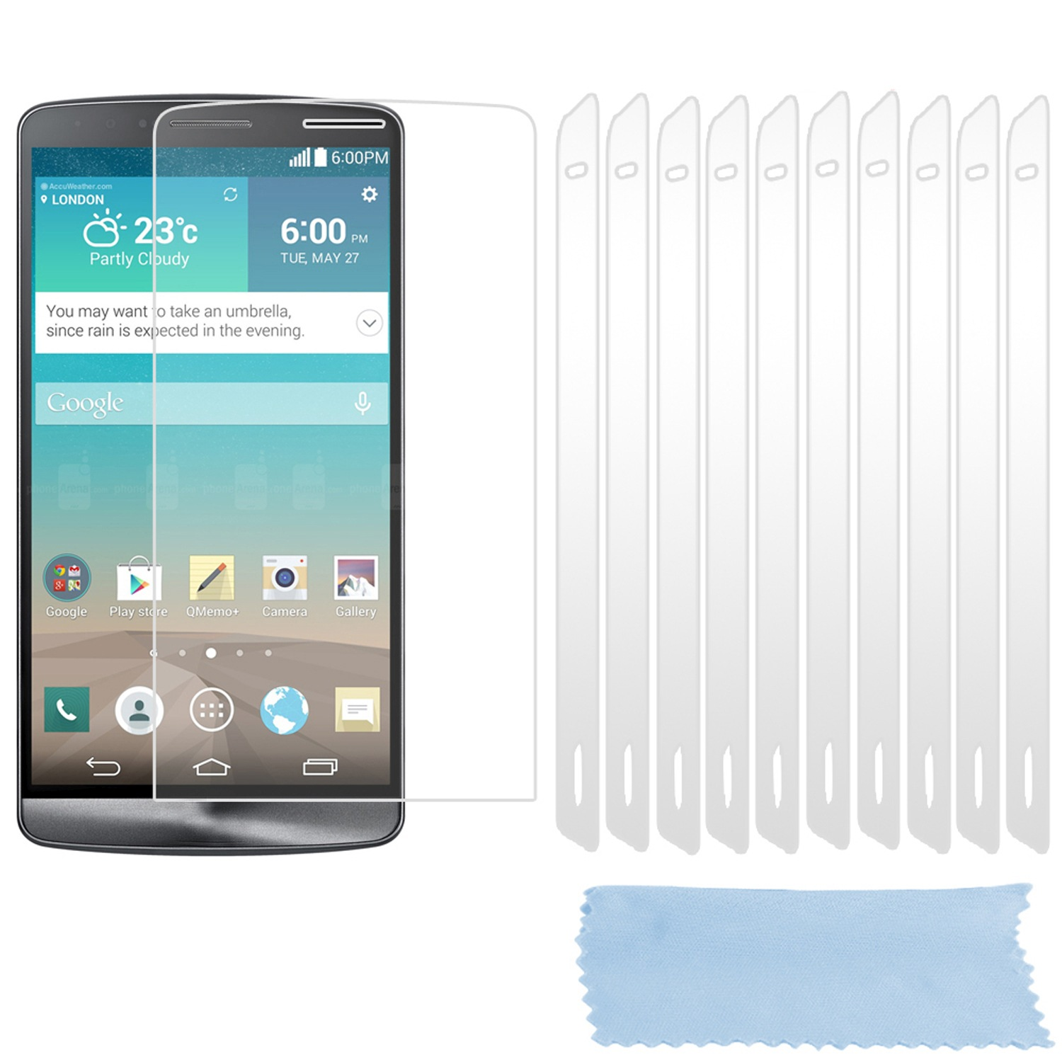Un protector de pantalla de smartphone, teléfono a la izquierda y 10 aplicadores a la derecha.