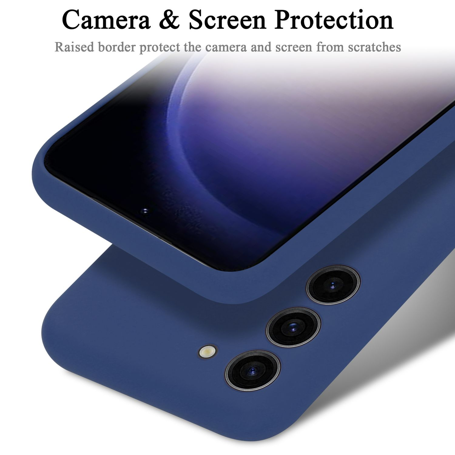 Eine blaue Handyhülle schützt das Telefon, mit sichtbaren Kameralinsen.