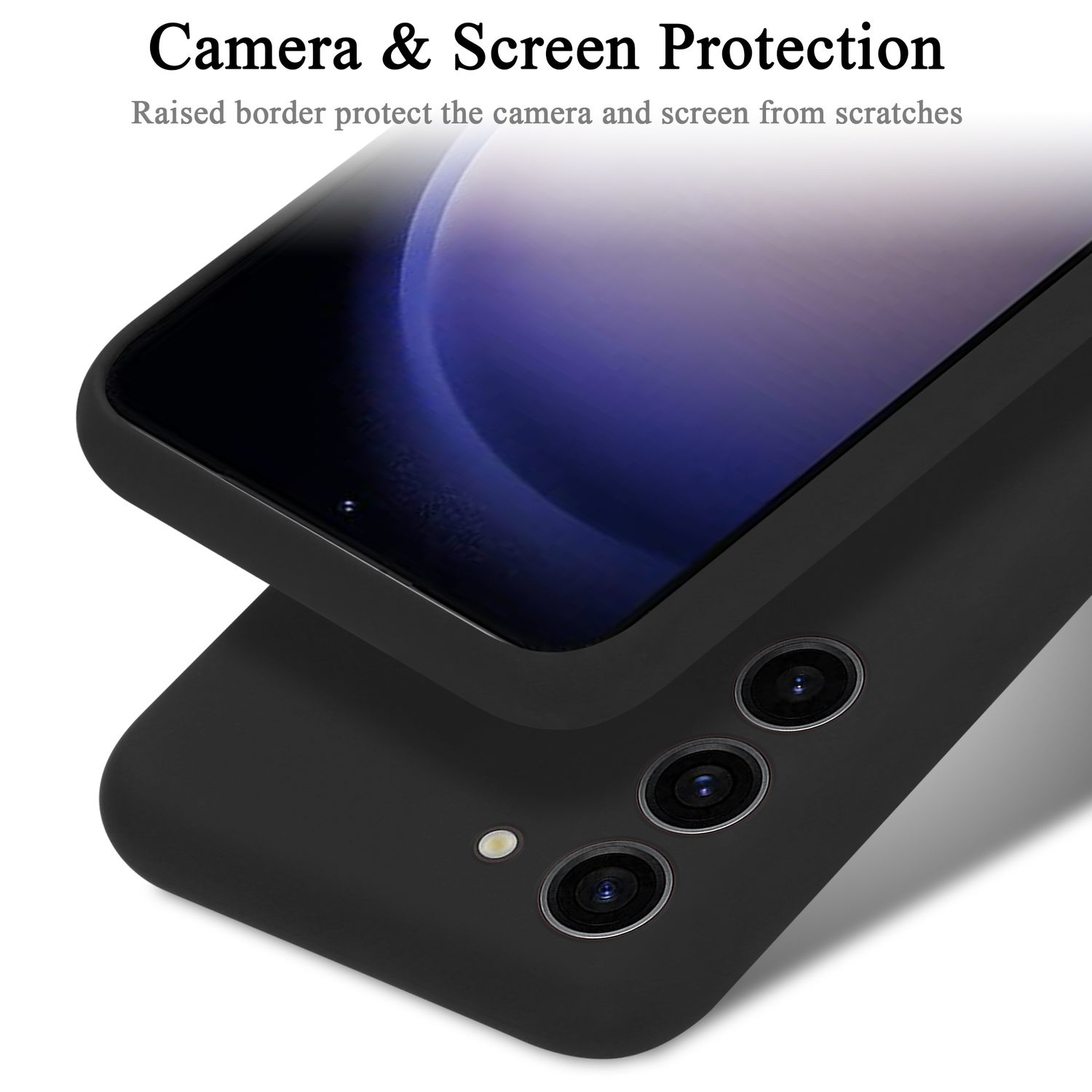 Nahaufnahme einer schwarzen Handyhülle mit einem Telefon darin. Die Hülle hat Kameraschutz.