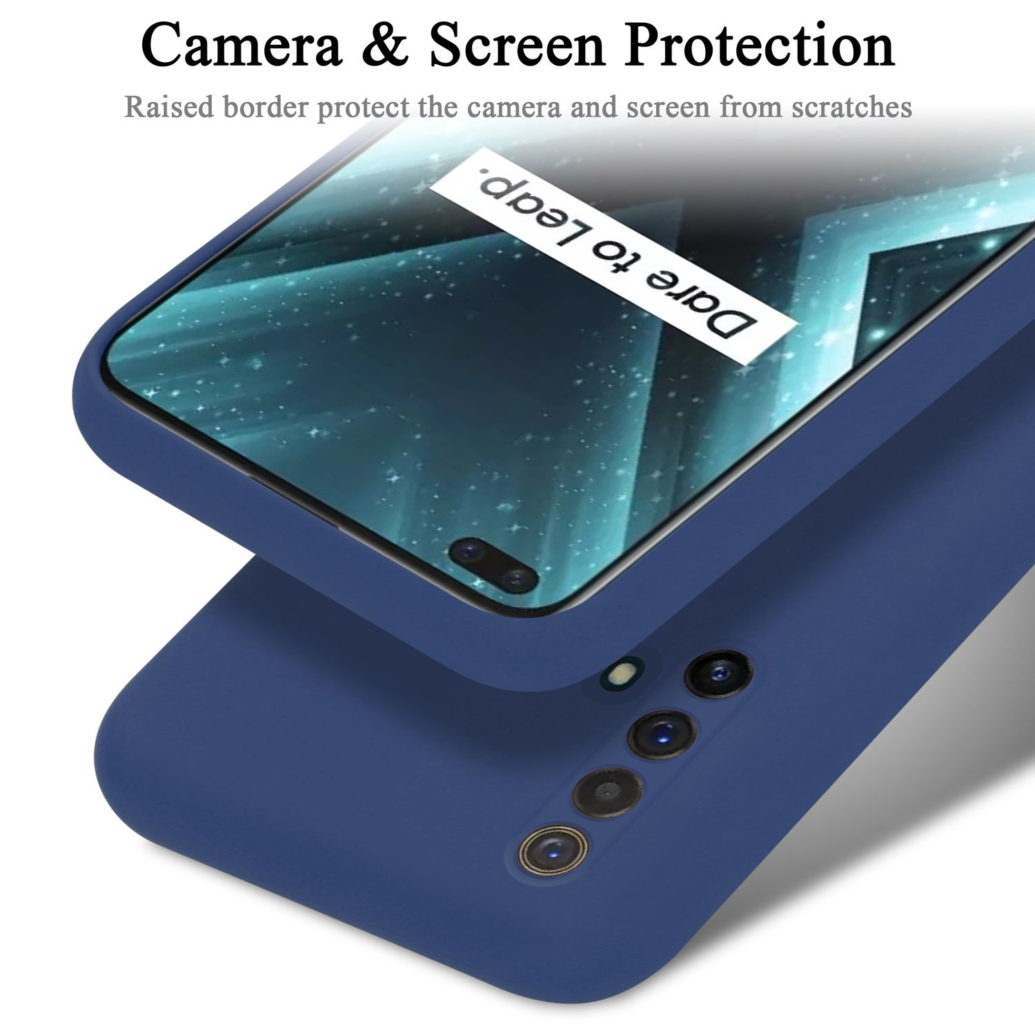 Eine dunkelblaue Handyhülle schützt ein Telefon, der Text lautet 'Dare to Leap'.