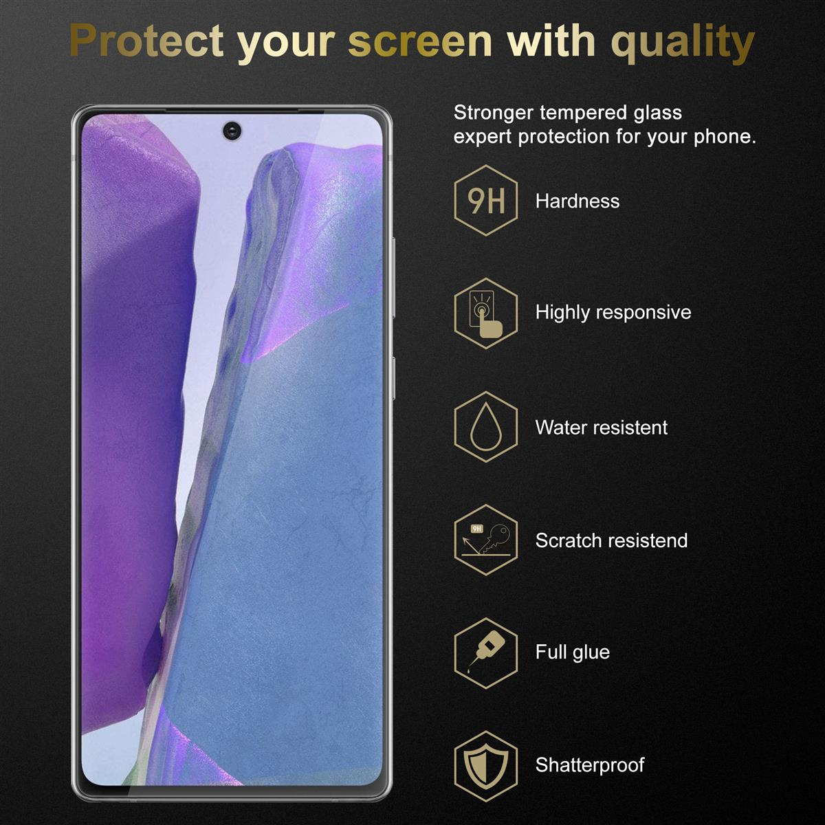 Protecteur d'écran pour smartphone. Texte : Protégez votre écran avec qualité. Caractéristiques : dureté, résistance à l'eau, colle complète.