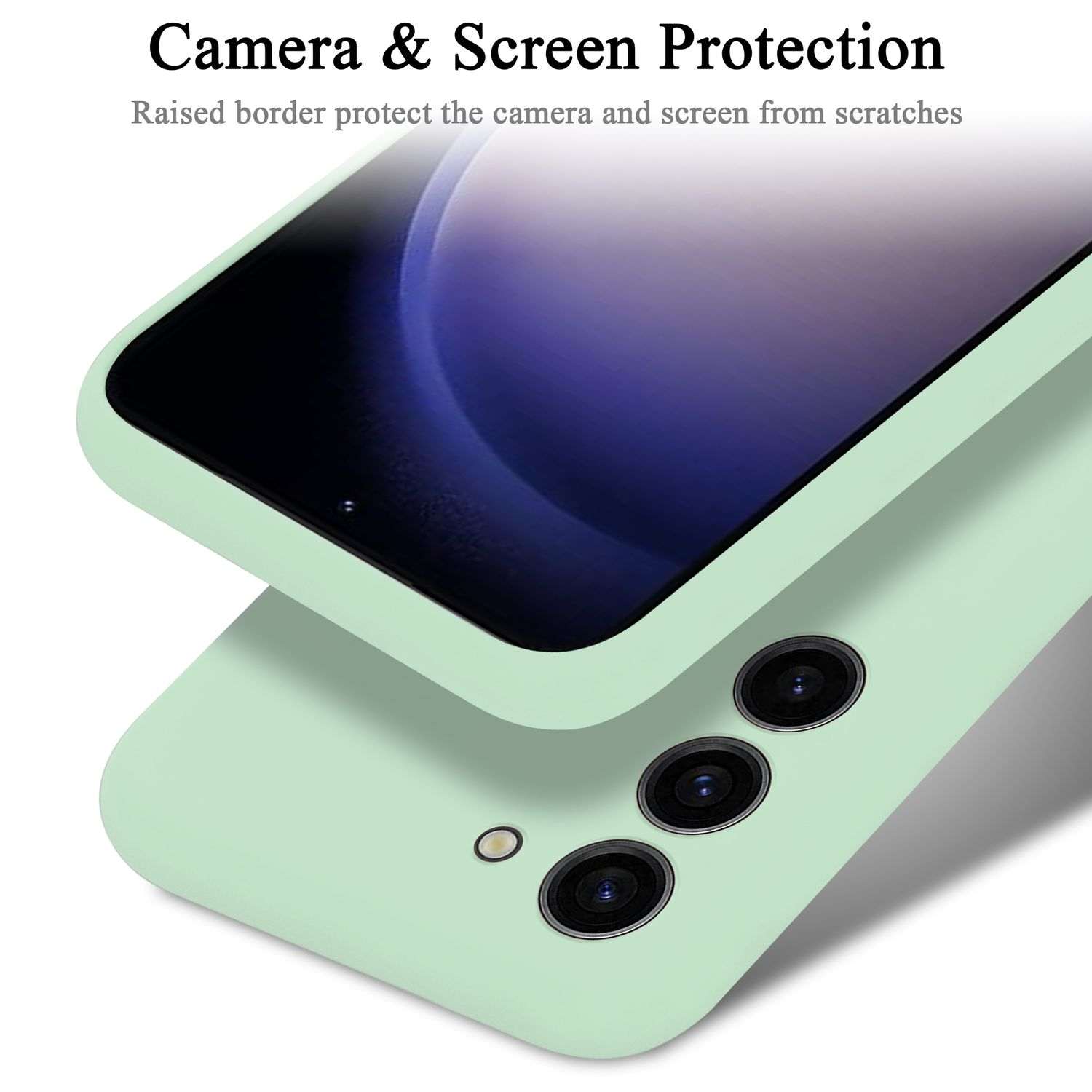 Una custodia verde per telefono con un telefono all'interno. Le fotocamere sono visibili.