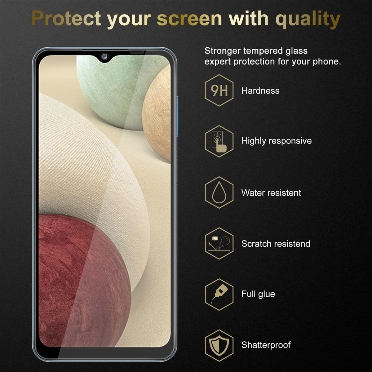 Un protecteur d'écran de téléphone mobile avec texte et icônes présentant ses caractéristiques.