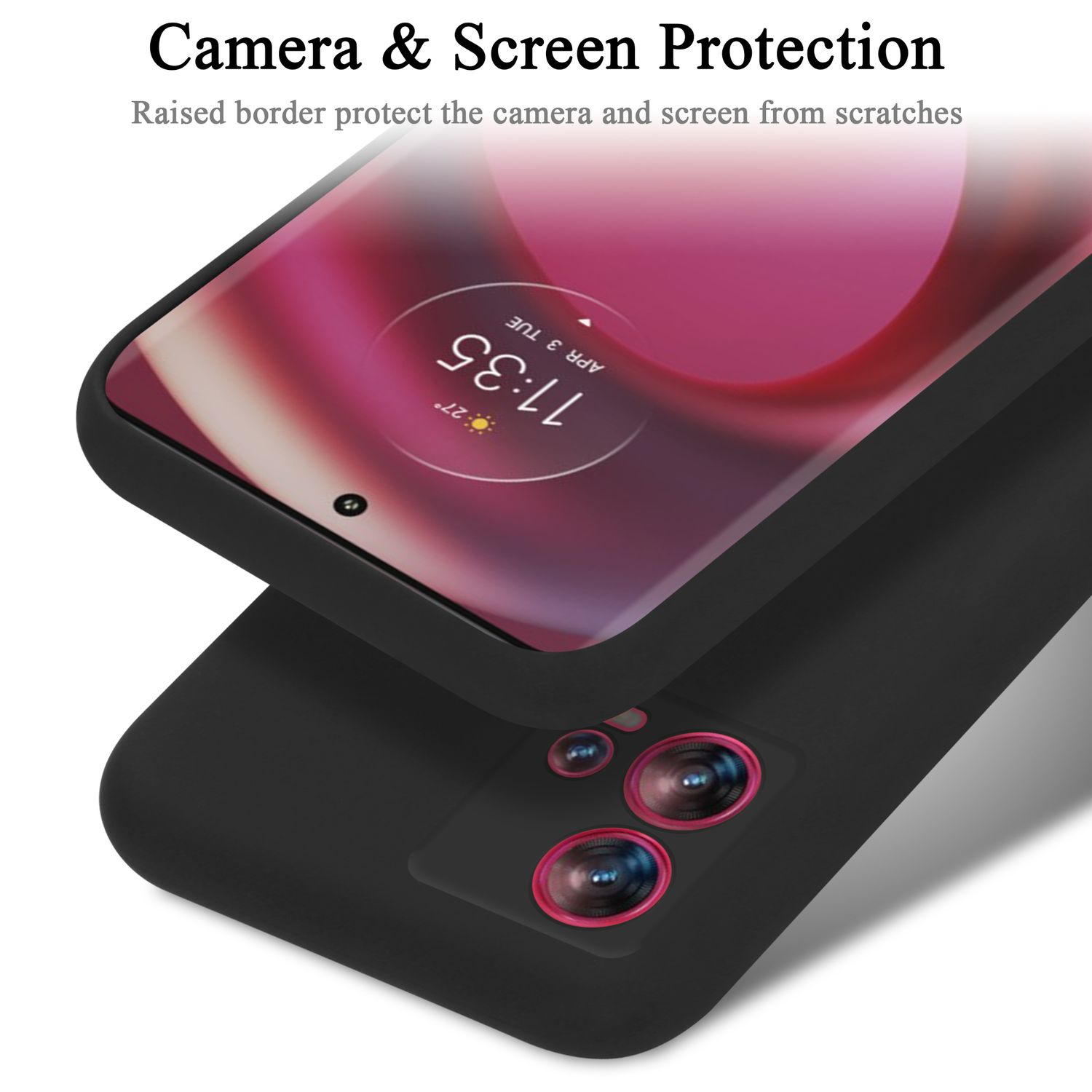 Schwarze Handyhülle mit Handy. Die Rückseite hat drei Kameralinsen.