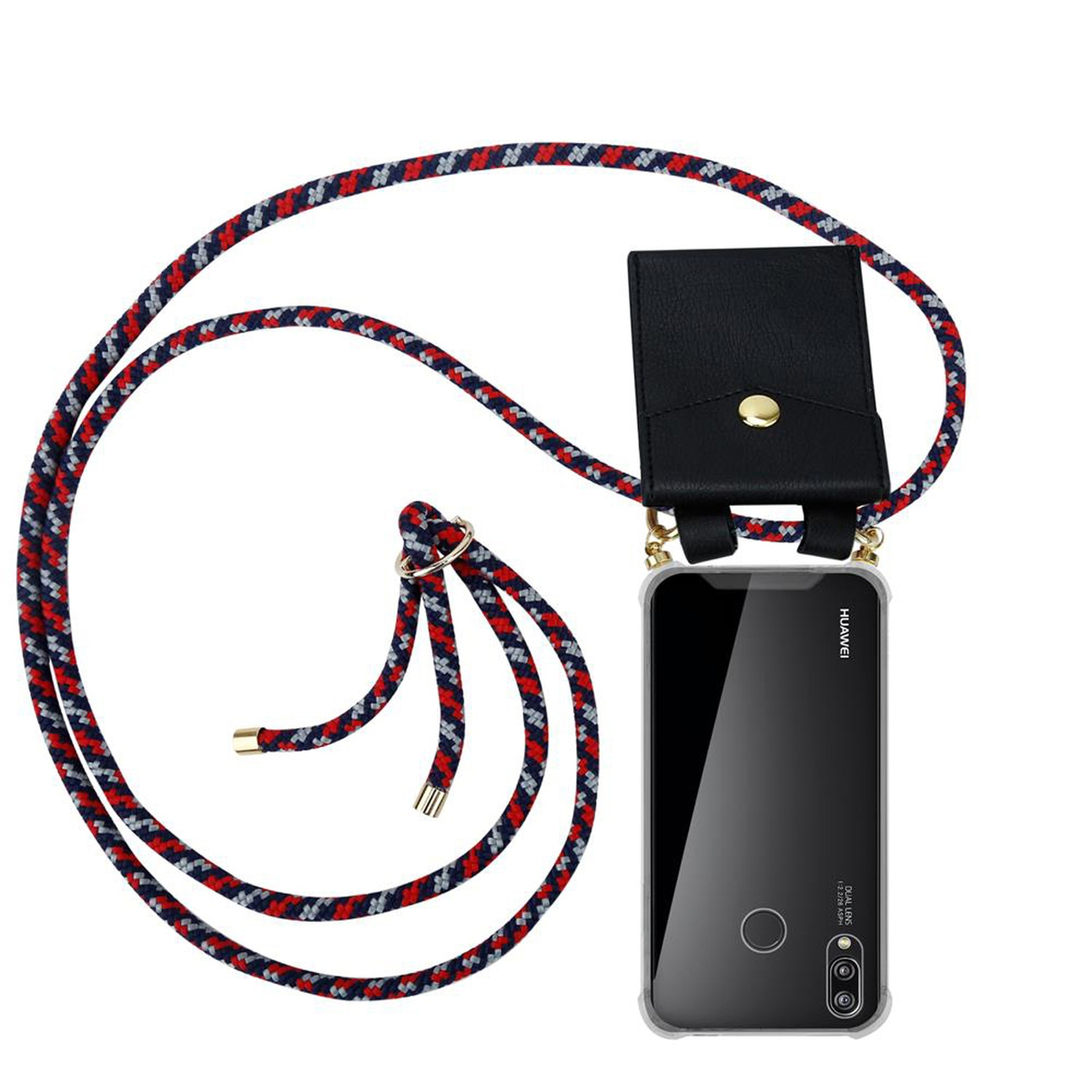 Telefono nero con custodia a cordino. Il cordino è rosso, bianco e blu.
