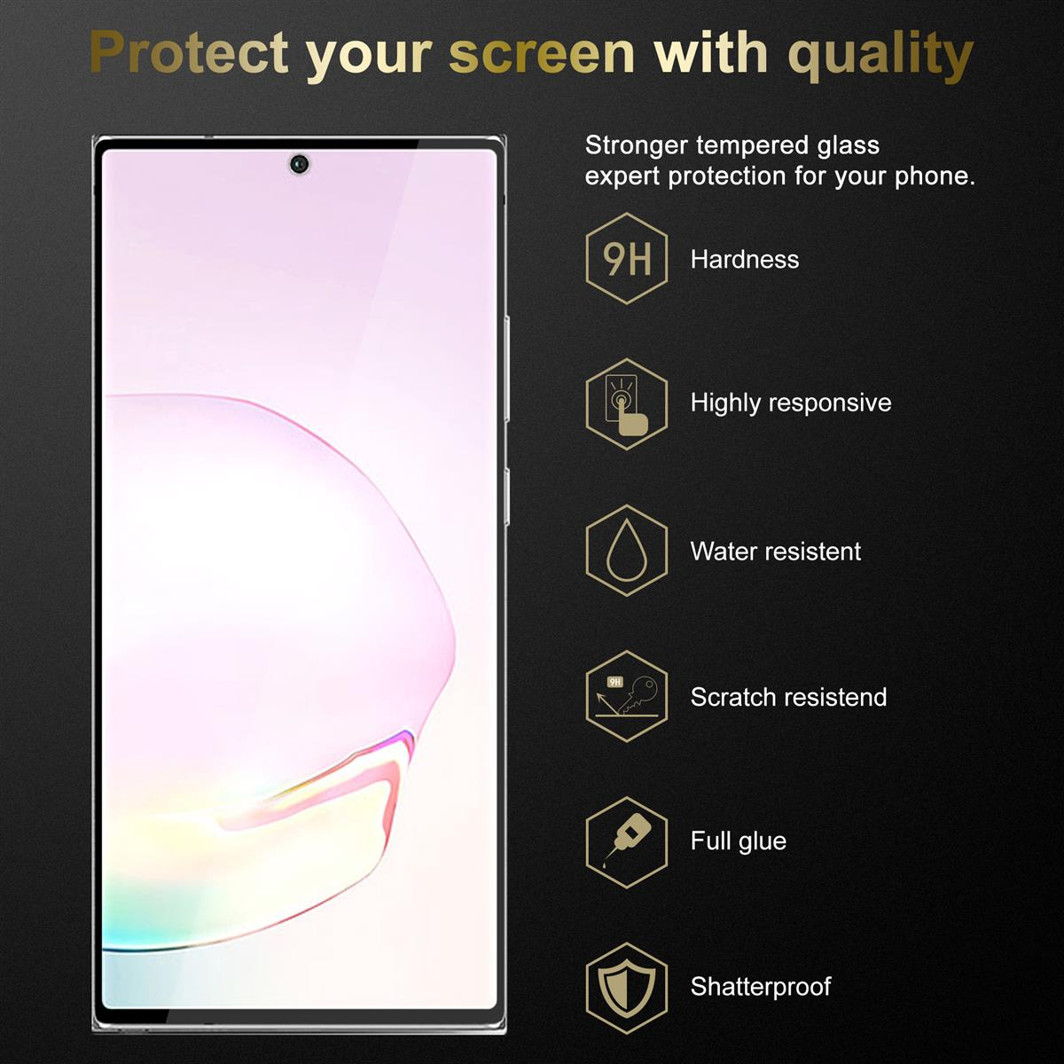Un écran de téléphone avec protecteur, avec icônes de dureté, résistance à l'eau, etc.