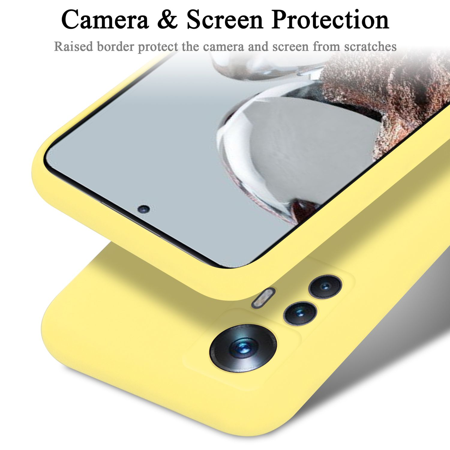 Gelbe Handyhülle, Nahaufnahme. Text: 'Camera & Screen Protection'. Erhöhter Rand schützt Kamera/Bildschirm.