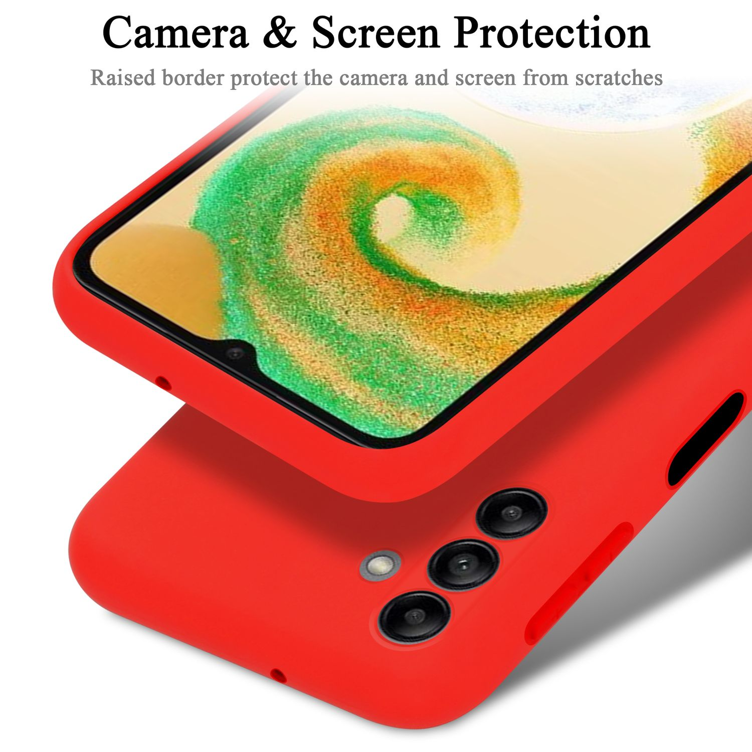 Nahaufnahme einer roten Handyhülle, die ein Smartphone schützt. Kameralinse sichtbar.