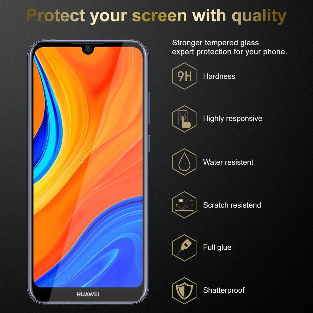 Protecteur d'écran montrant les avantages. Téléphone avec fond orange et bleu.