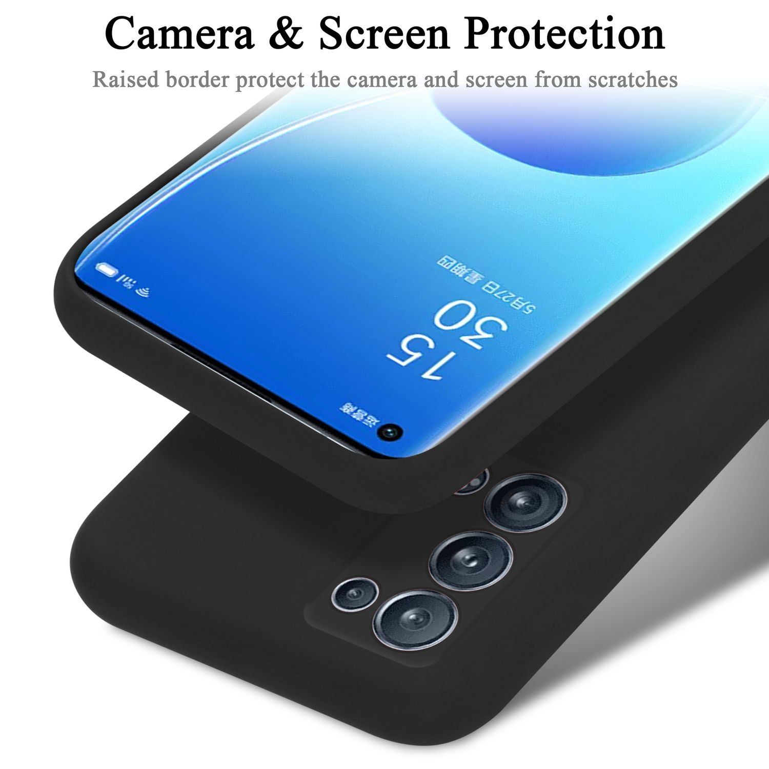 Eine Nahaufnahme einer schwarzen Handyhülle mit einem Telefon darin. Es zeigt den Bildschirm und die Kamera.