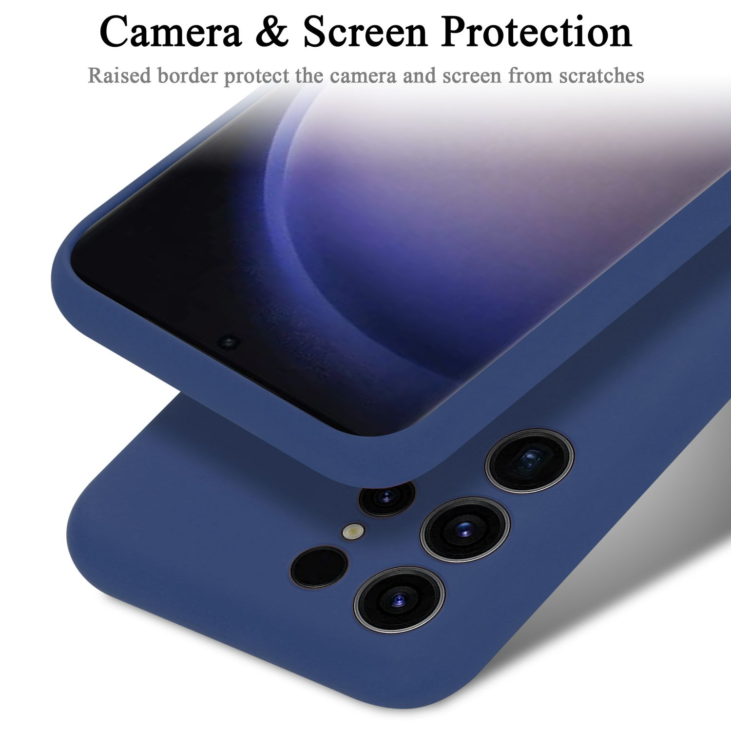 Blaue Handyhülle mit Kamera- und Bildschirmschutz. Erhöhte Ränder schützen das Telefon.