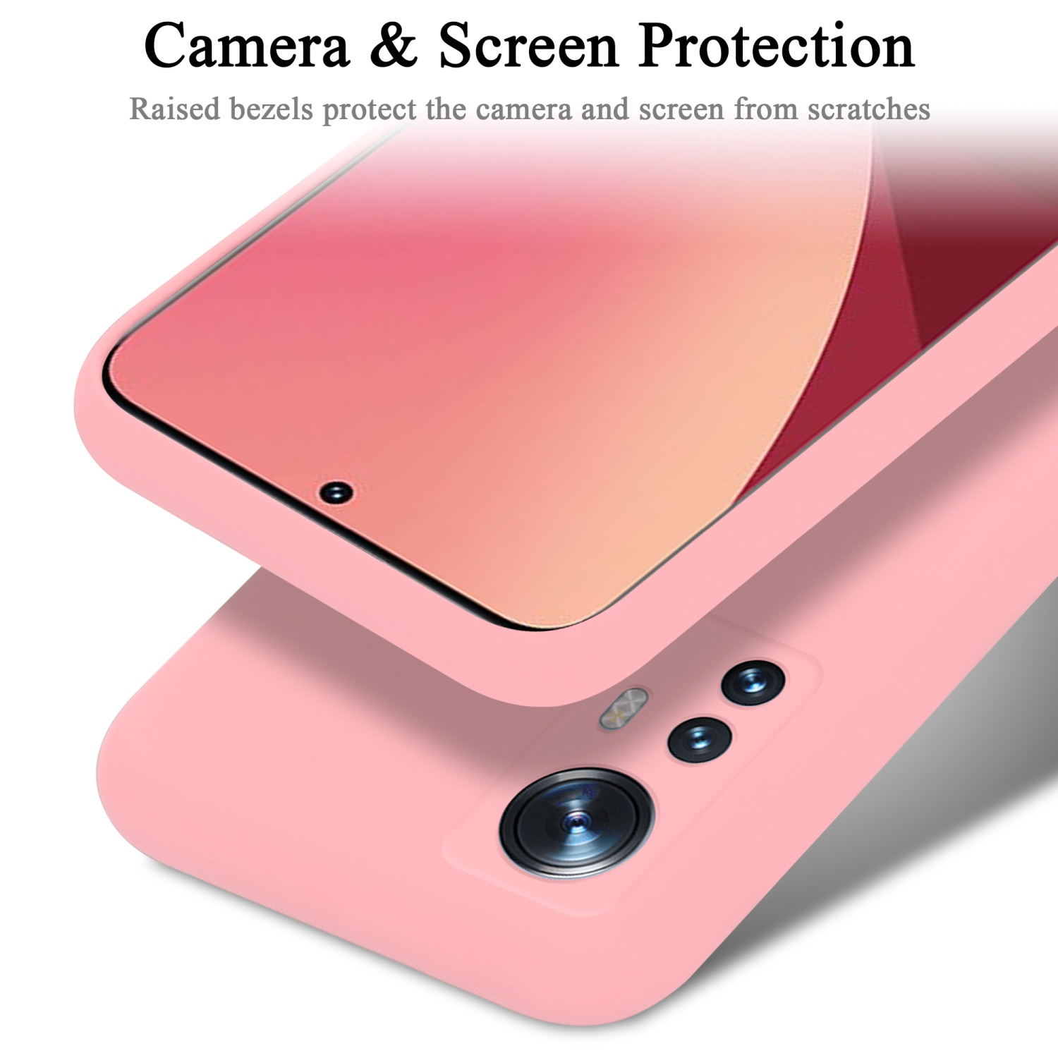 Nahaufnahme einer rosa Handyhülle mit Telefon, Kamera sichtbar.