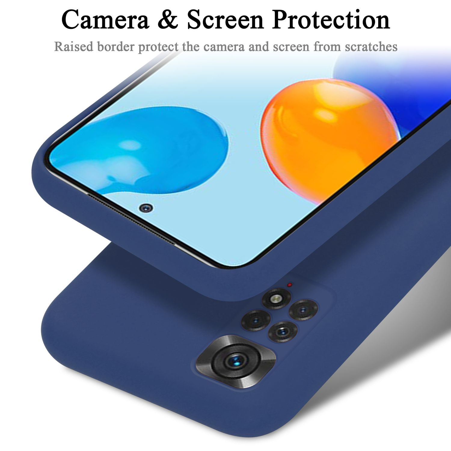 Blaue Handyhülle mit Kamera- und Bildschirmschutz. Erhöhte Ränder schützen das Telefon.