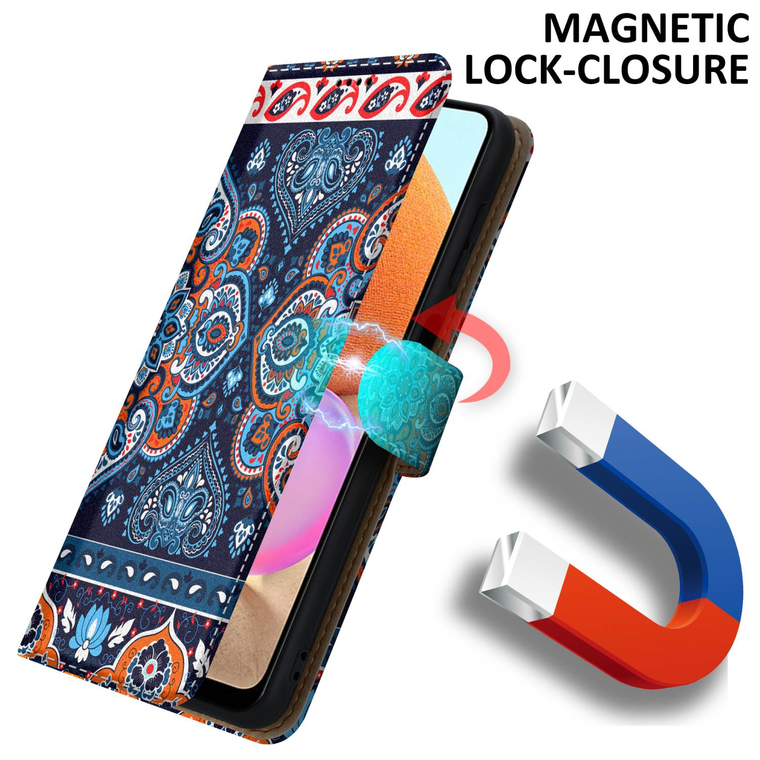 Handyhülle mit farbenfrohem Design. Ein Magnet und ein U-förmiger Magnet erzeugen einen magnetischen Verschluss.