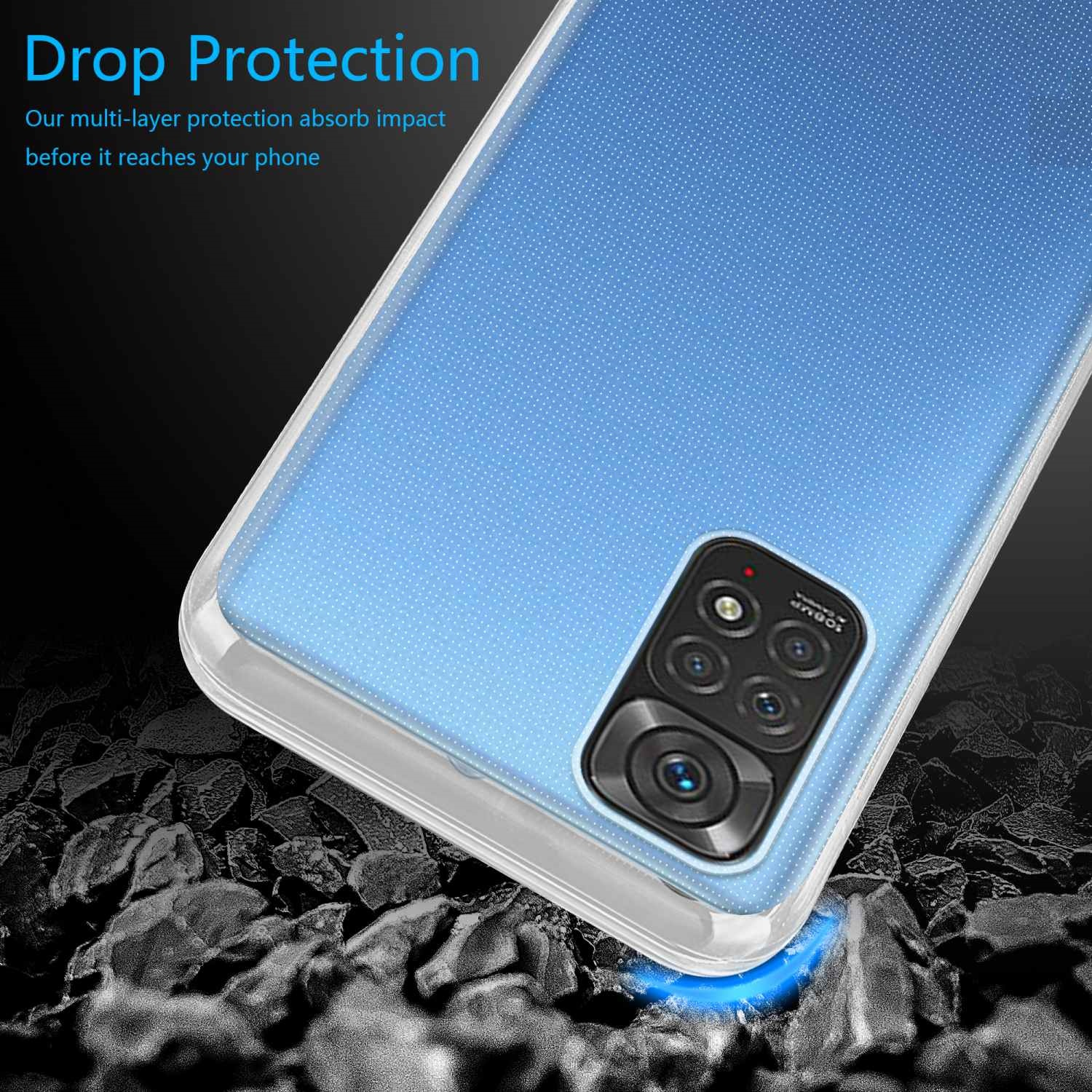 Ein Telefon in einer durchsichtigen Hülle auf dunkler Oberfläche, mit Text zum Fallschutz. Das Telefon ist blau.