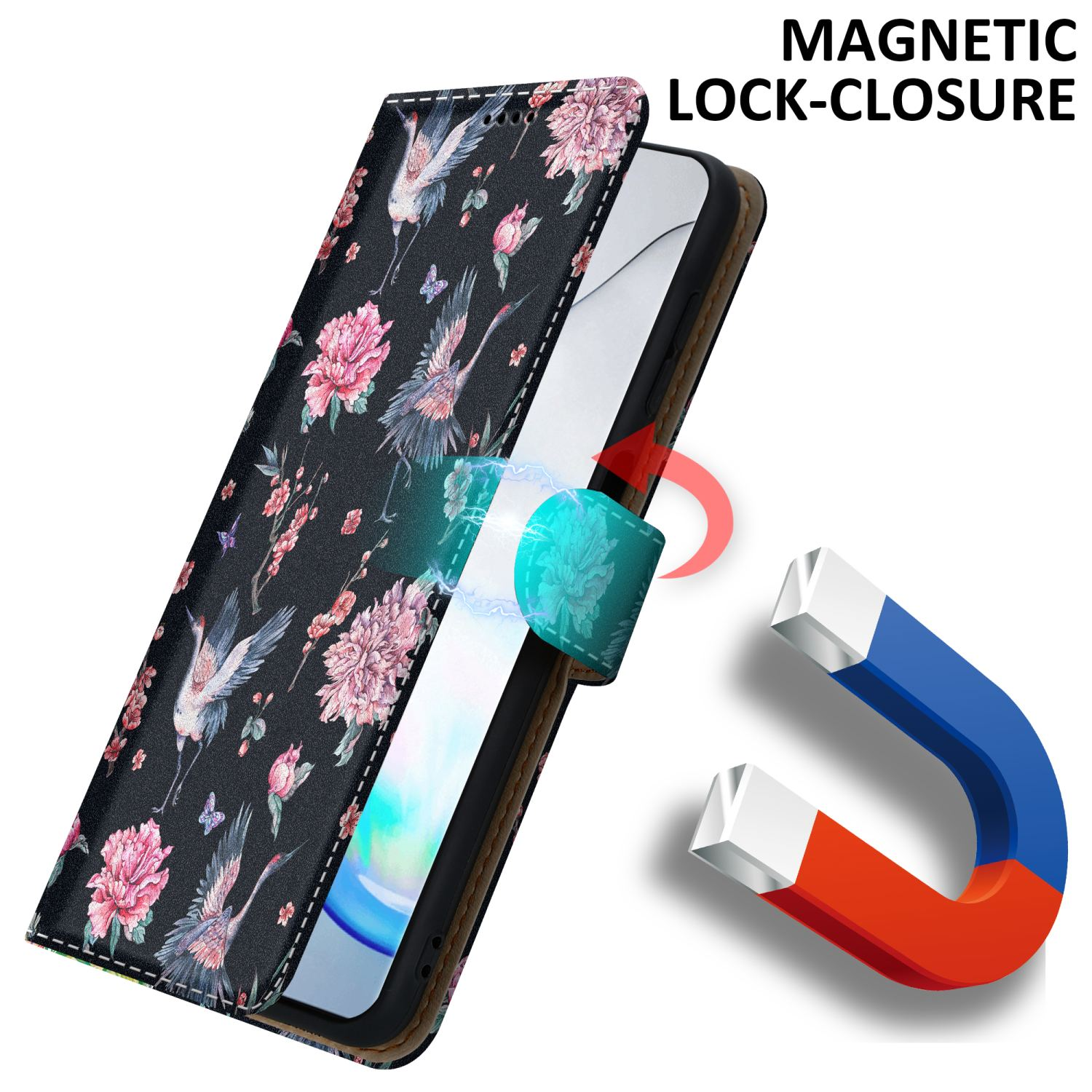 Una custodia per telefono con un design floreale, che si apre per rivelare un telefono con schermo.