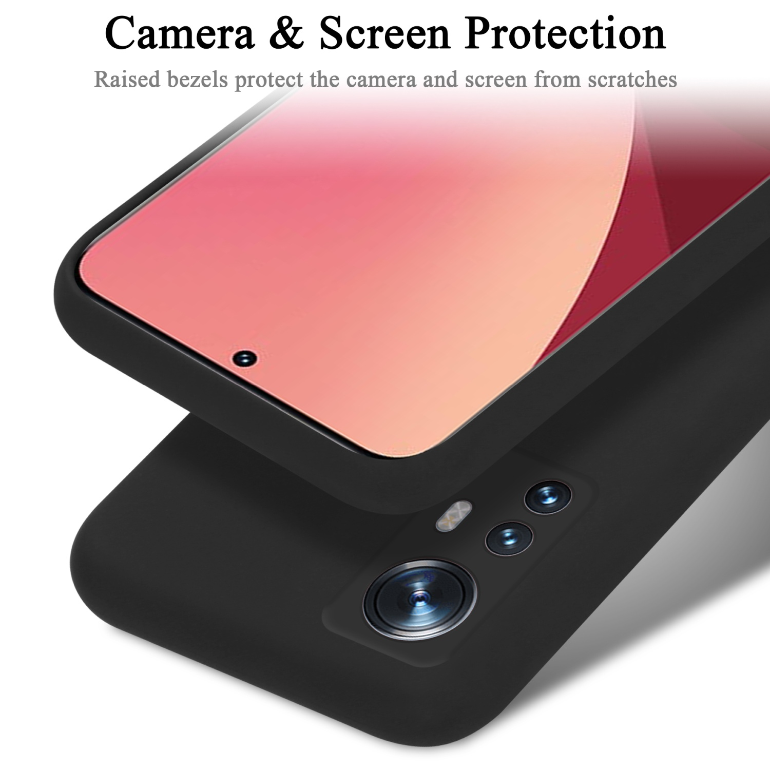 Schwarze Handyhülle mit Telefon darin, Kamera- und Bildschirmdetails sichtbar.