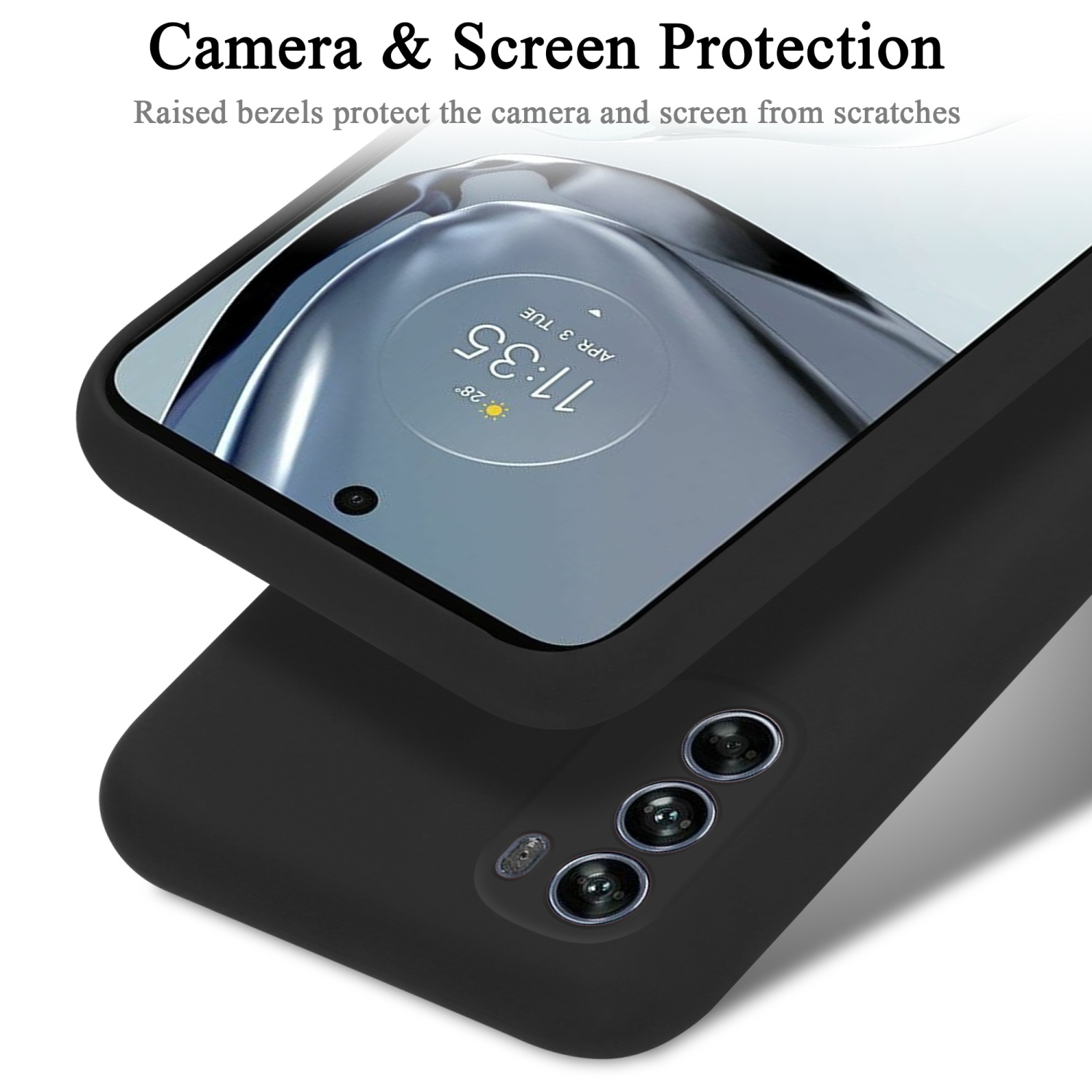 Ein schwarzes Telefon mit Displayschutz auf einer schwarzen Hülle, mit Kamera und Bildschirm.