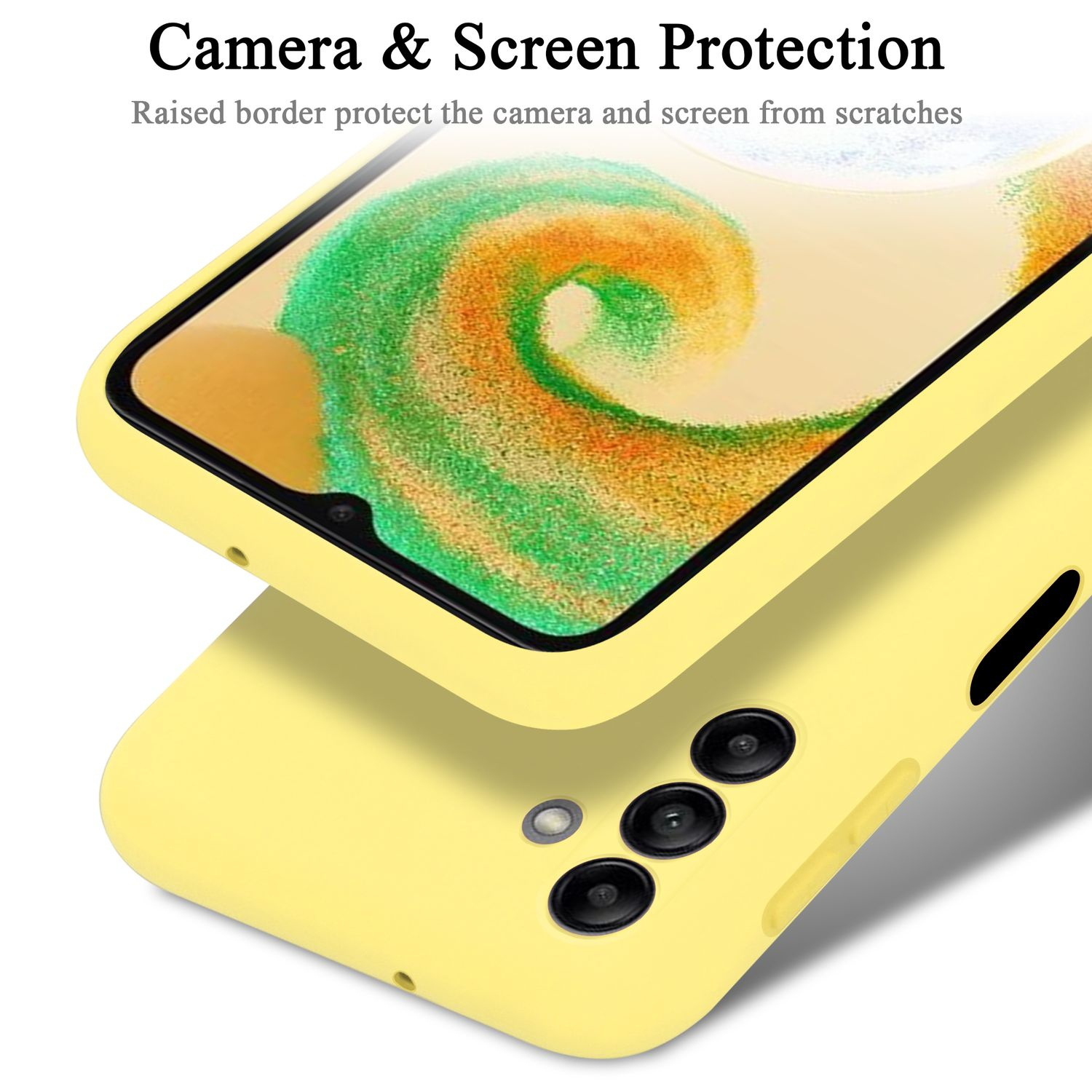 Eine gelbe Handyhülle mit einem Telefon darin, die den Kameraschutz zeigt.