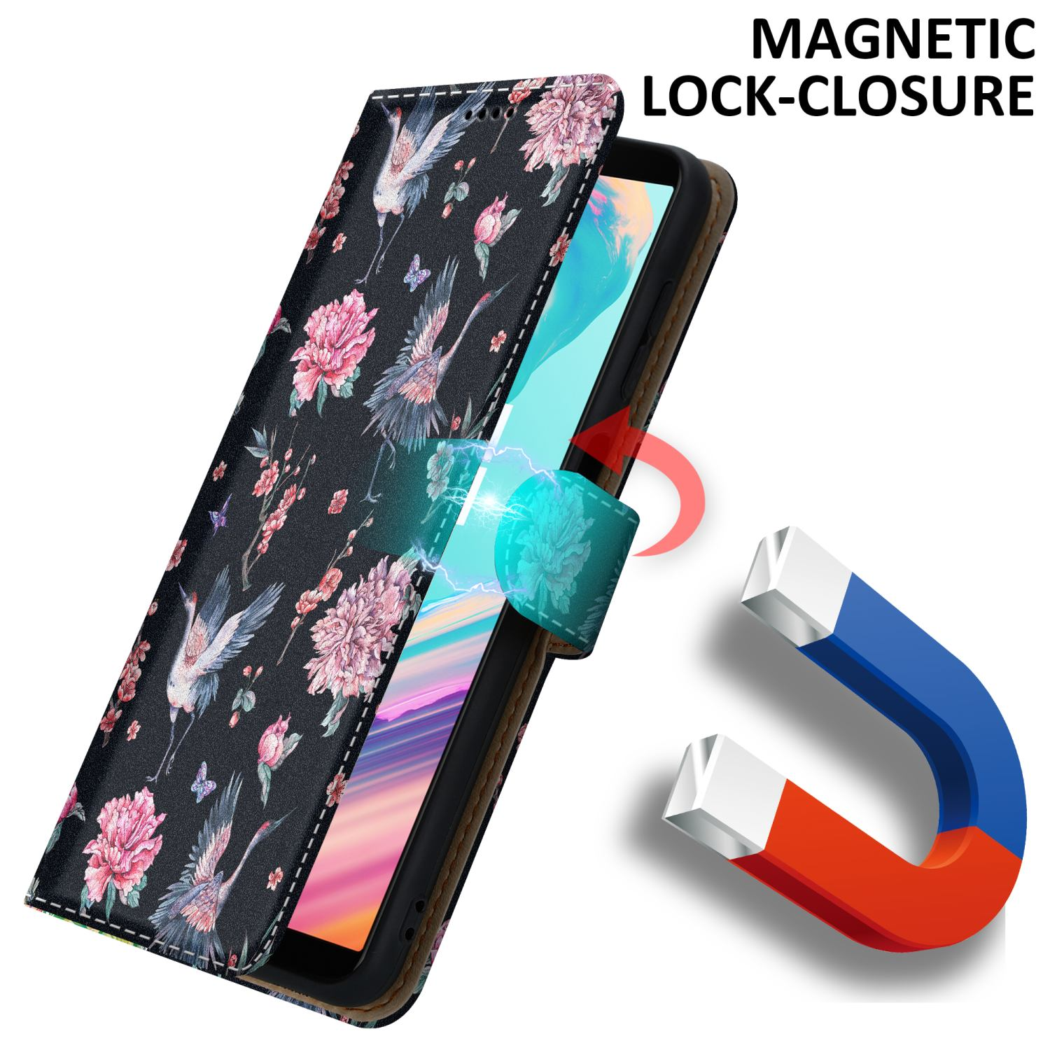 Una custodia per telefono con motivo floreale, che tiene un telefono. Un magnete e le parole 'MAGNETIC LOCK-CLOSURE' sono mostrate.