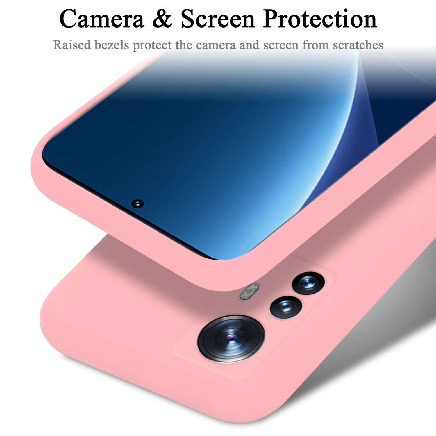 Eine rosa Handyhülle mit einem Telefon darin. Die Hülle schützt Bildschirm und Kamera.