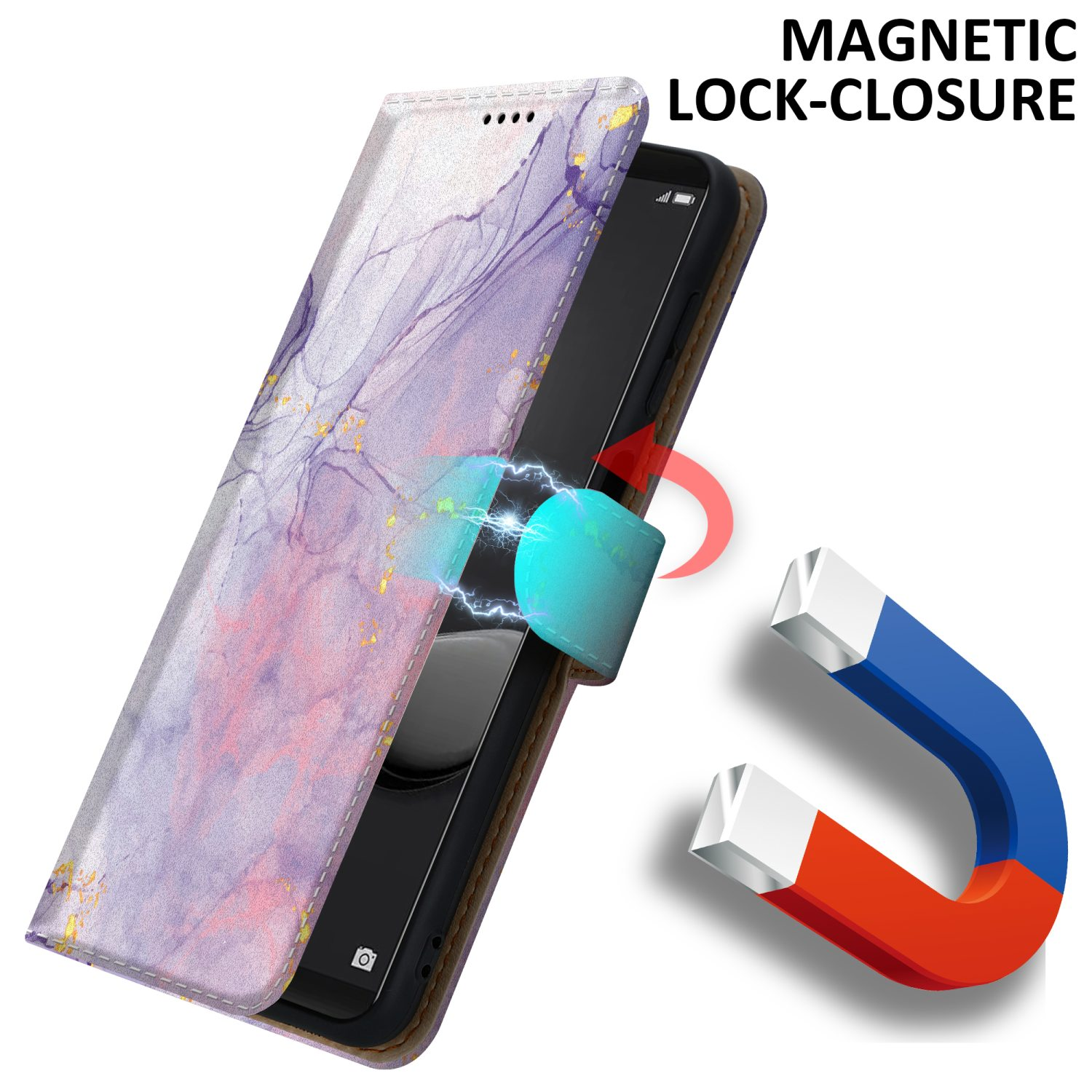 Eine Handyhülle mit Magnetverschluss, das Telefon ist im Inneren.